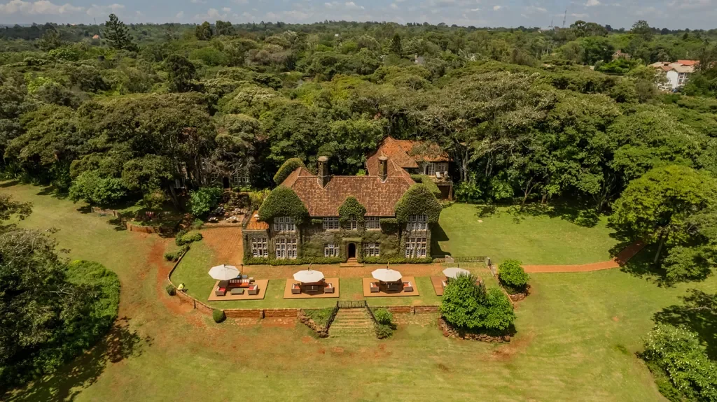 Aerial view of Giraffe Manor in Nairobi’s Karen, boutique hotel set among indigenous forest with resident Rothschild’s giraffes