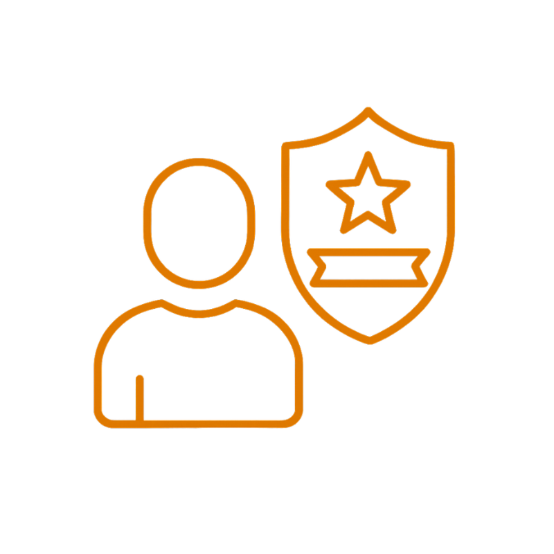 Outline of a person with a shield badge featuring a star, symbolizing protection or security.