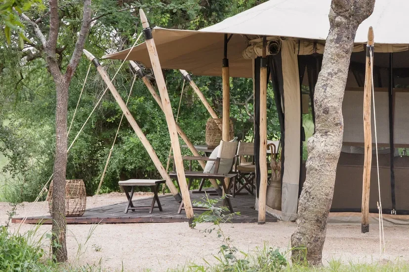 Canvas tent deck area overlooking the Serengeti at Mila Tented Camp
