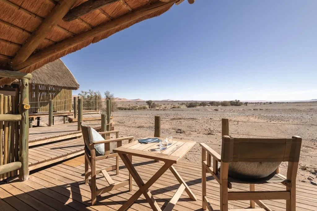 Private deck at Kulala Desert Lodge overlooking the Sossusvlei dunes