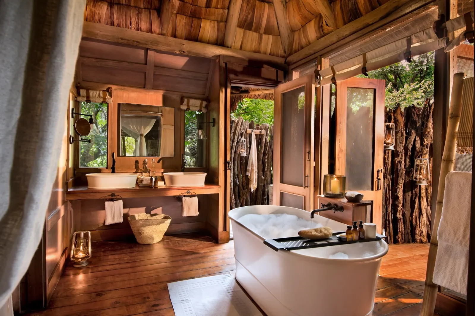 Lake Manyara Tree Lodge, Tanzania – suite bathroom with freestanding tub and double vanity