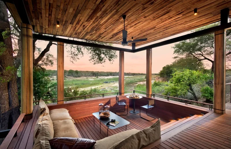 Private sunken deck with sweeping Sand River views at Tengile River Lodge