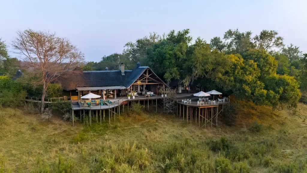 Aerial exterior of Lion Sands Narina Lodge on elevated decks above the Sabie River, Greater Kruger South Africa