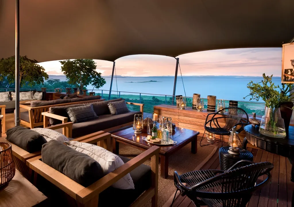 Bumi Hills Safari Lodge lounge with canvas canopy and lake views, Lake Kariba, Zimbabwe