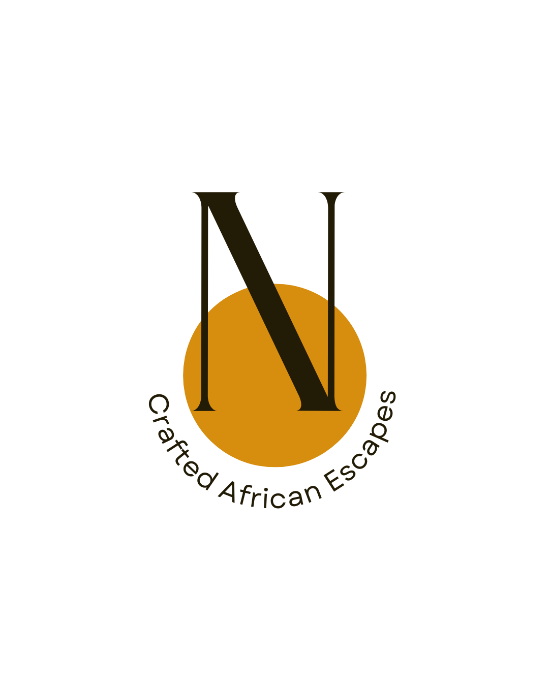Logo for Created African Escapes featuring a large black letter N over an orange circle, with the company name circling the bottom of the circle.