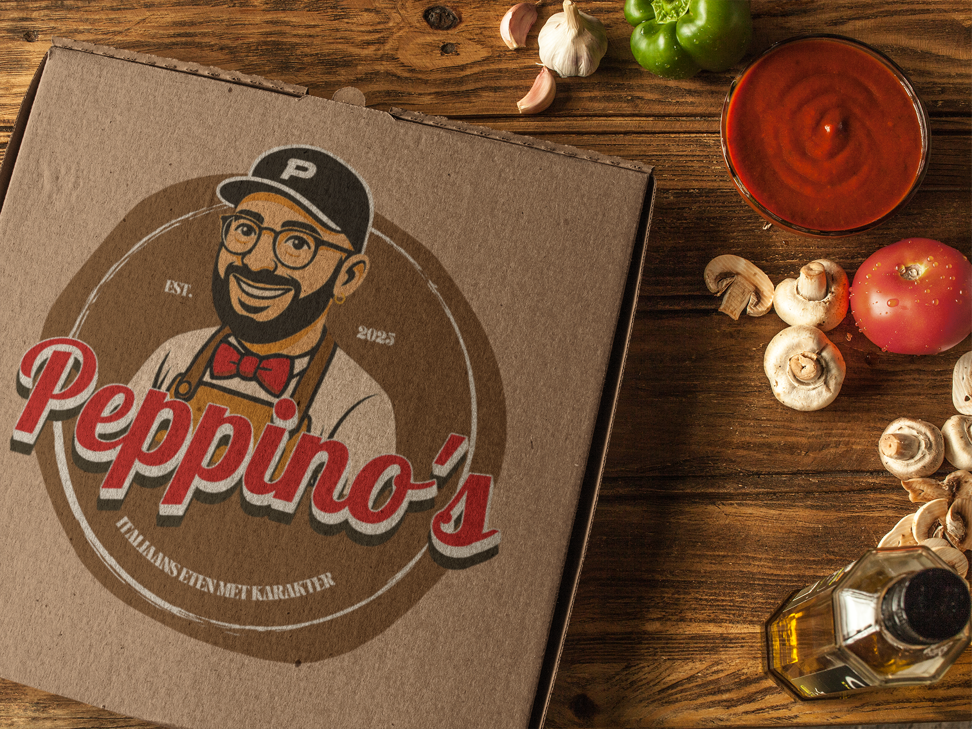 A pizza box with Peppino's logo on a wooden surface, surrounded by ingredients including garlic, green bell peppers, mushrooms, a tomato, a glass of marinara sauce, and a bottle of olive oil.