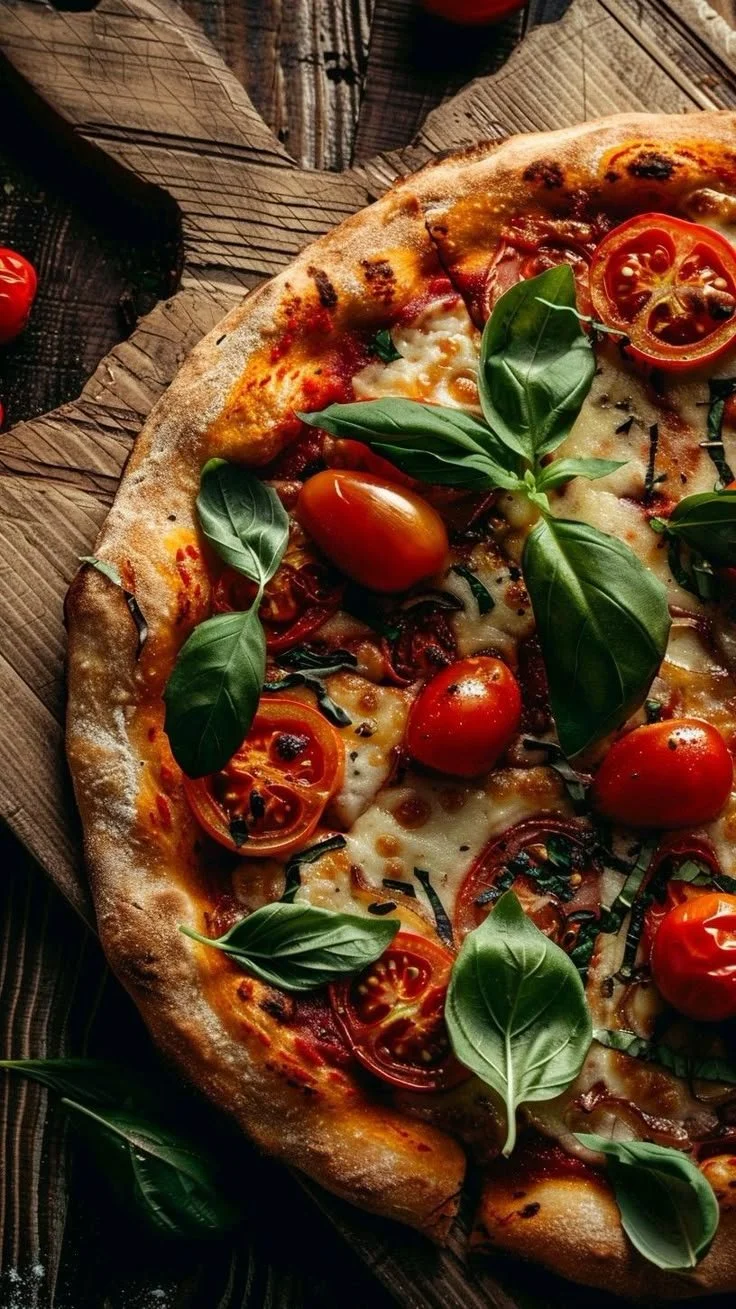 Close-up of a pizza with cherry tomatoes, basil leaves, melted cheese, and tomato slices on a wooden surface.