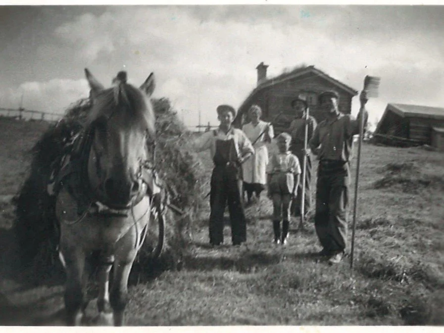 Ei gruppe mennesker står i en landlig oppskytning med en hest i forgrunnen og et lite hus i bakgrunnen.
