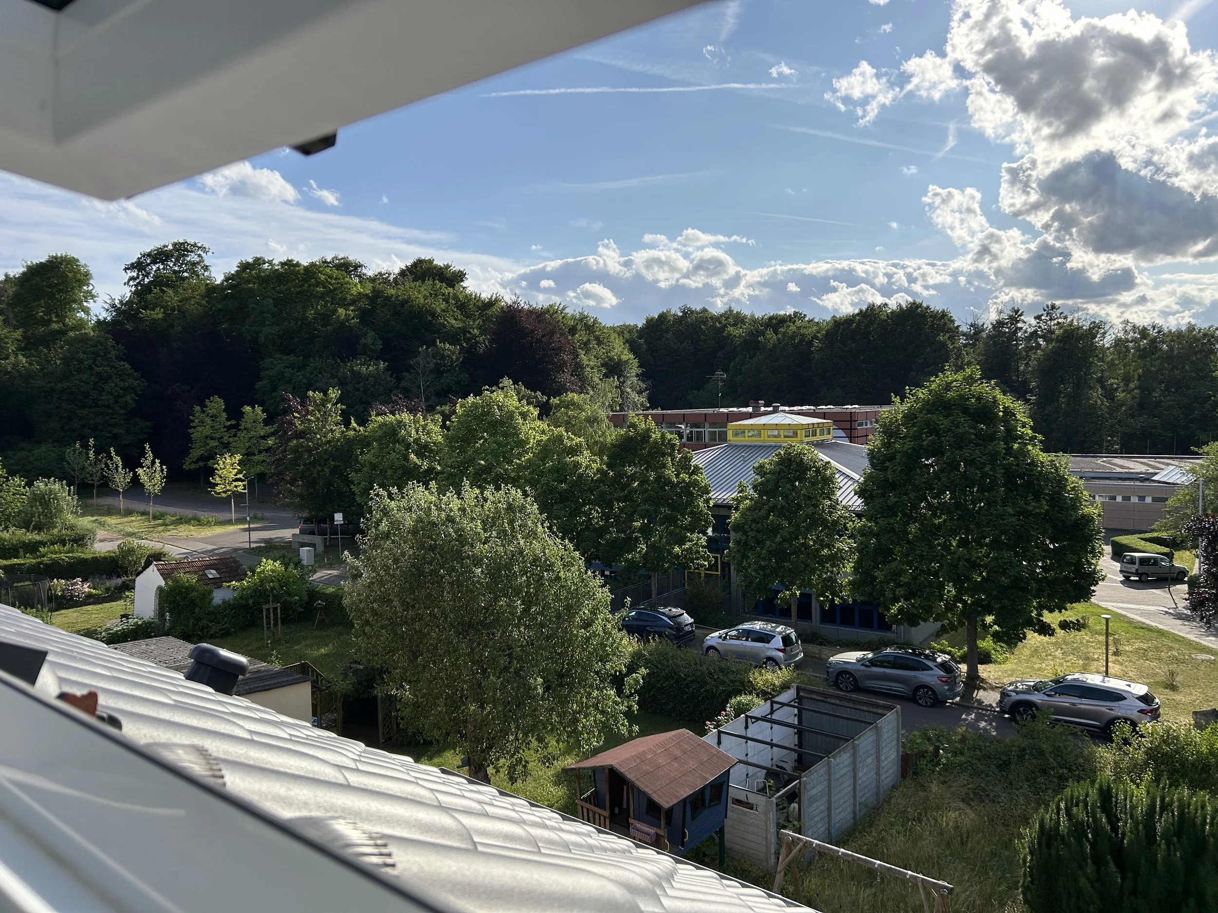 Blick vom Balkon auf einen bewachsenen Garten mit Bäumen, Autos in einer Parkstraße, ein kleines Gartenhaus, im Hintergrund eine Waldfläche und ein Gebäude mit buntem Dach unter einem blauen Himmel mit Wolken.