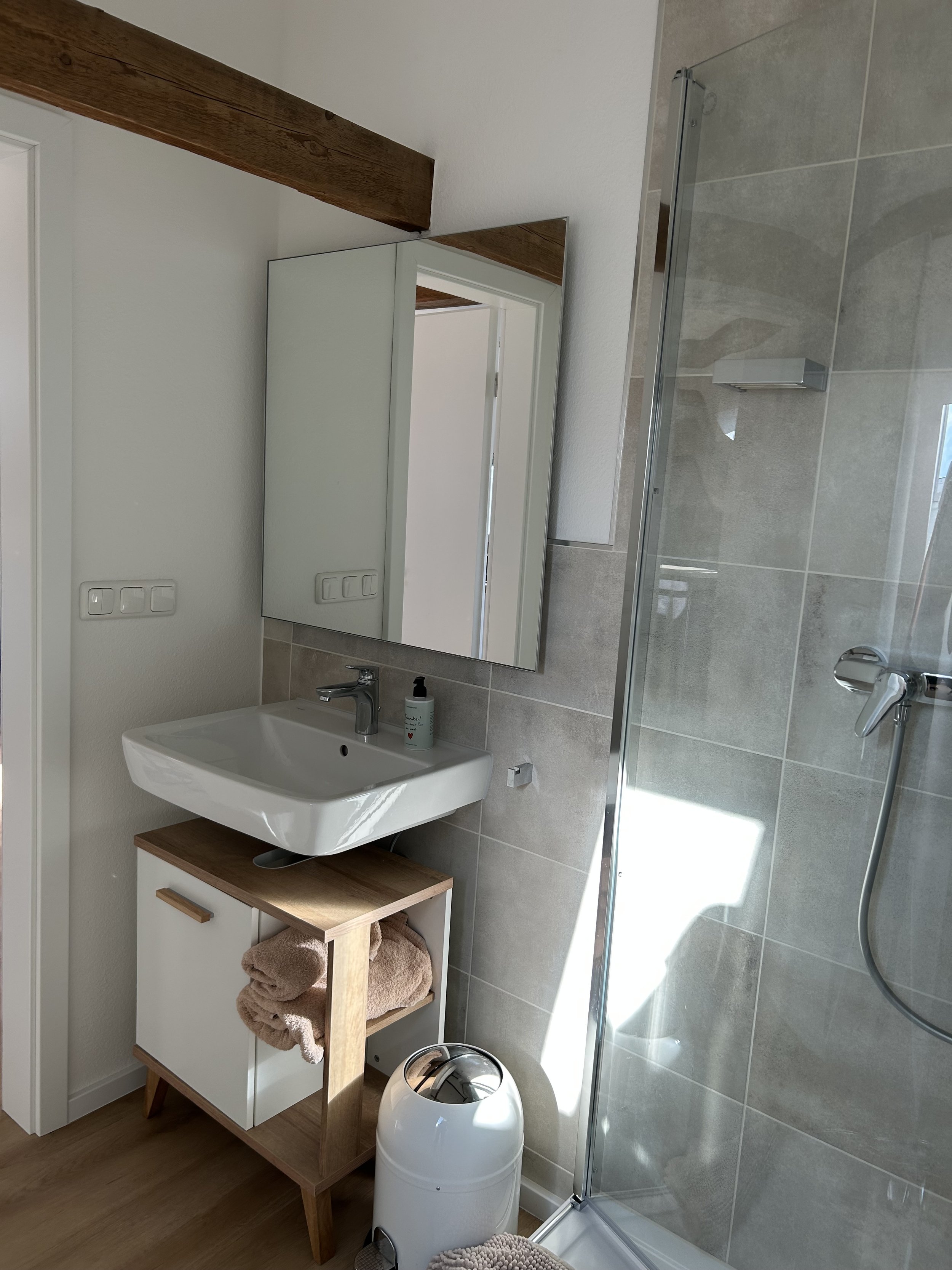 Badezimmer mit Waschbecken, Spiegel, Handtüchern und Dusche.