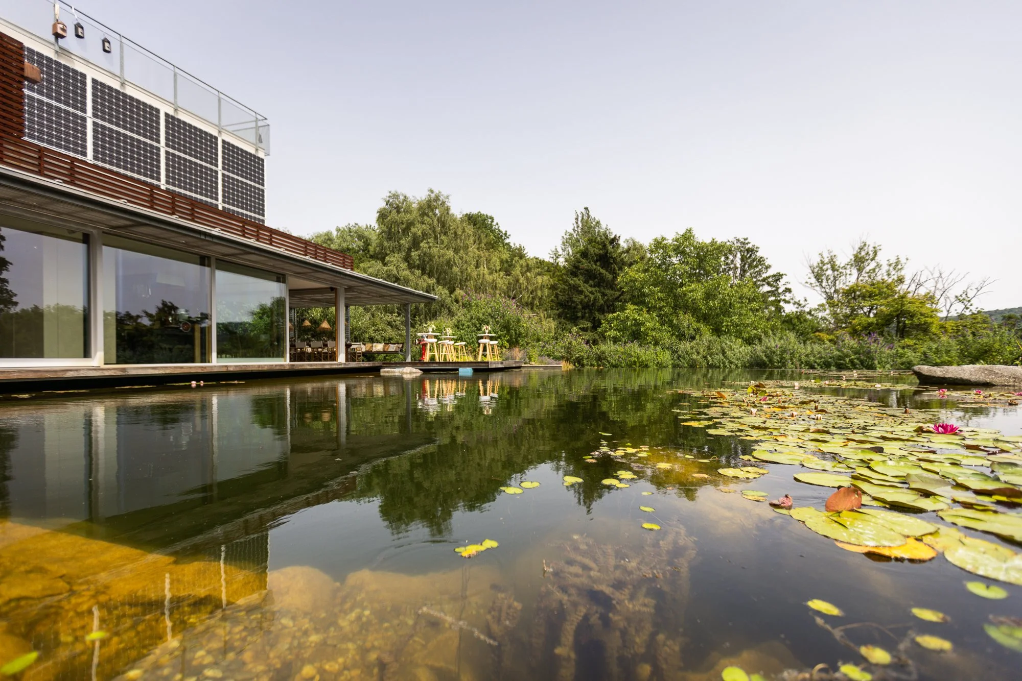 Modernes Gebäude mit Solarzellen am Dach, umgeben von Wasser mit Seerosen und grünen Bäumen im Hintergrund.