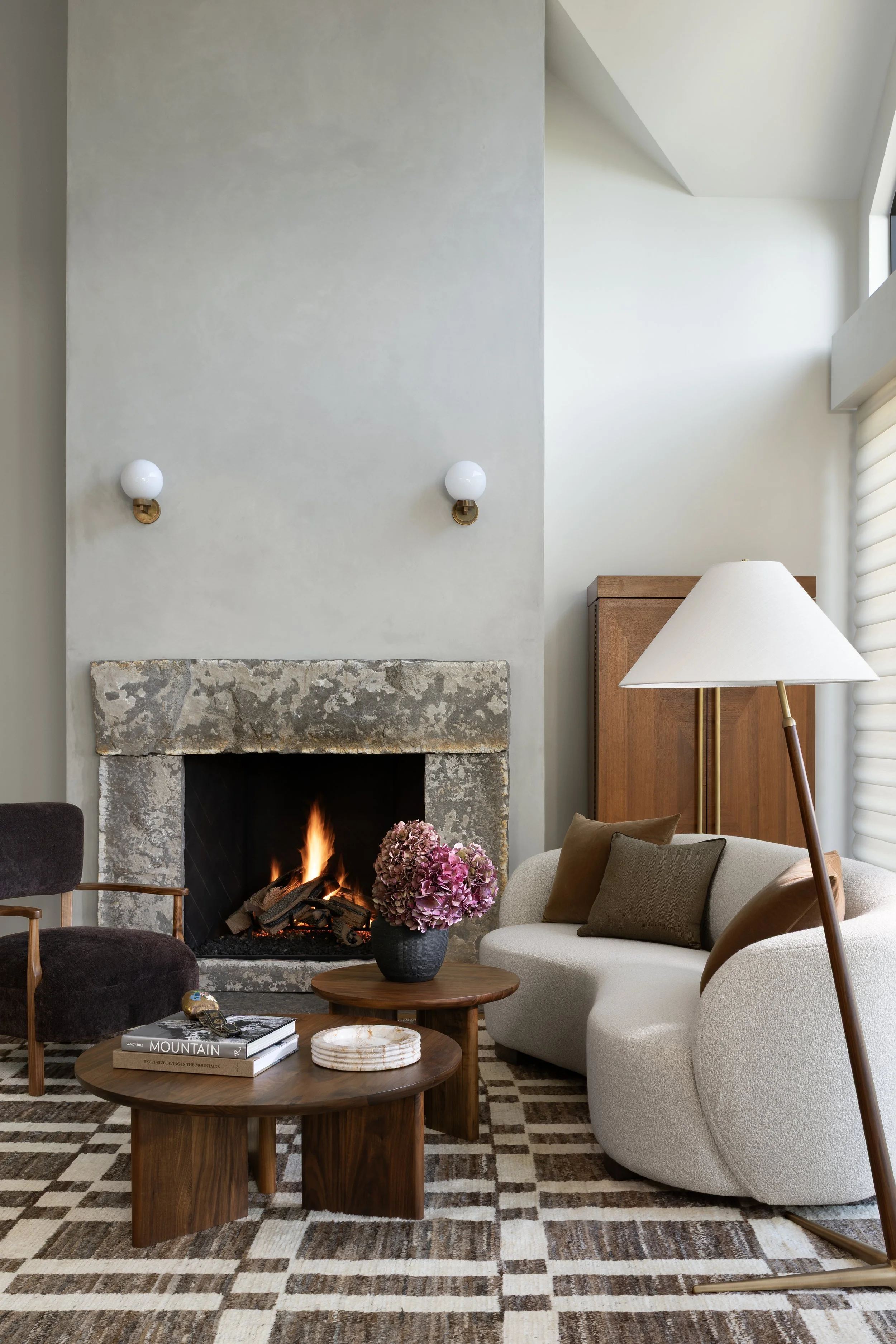 Interior view of fireplace stone open vintage modern