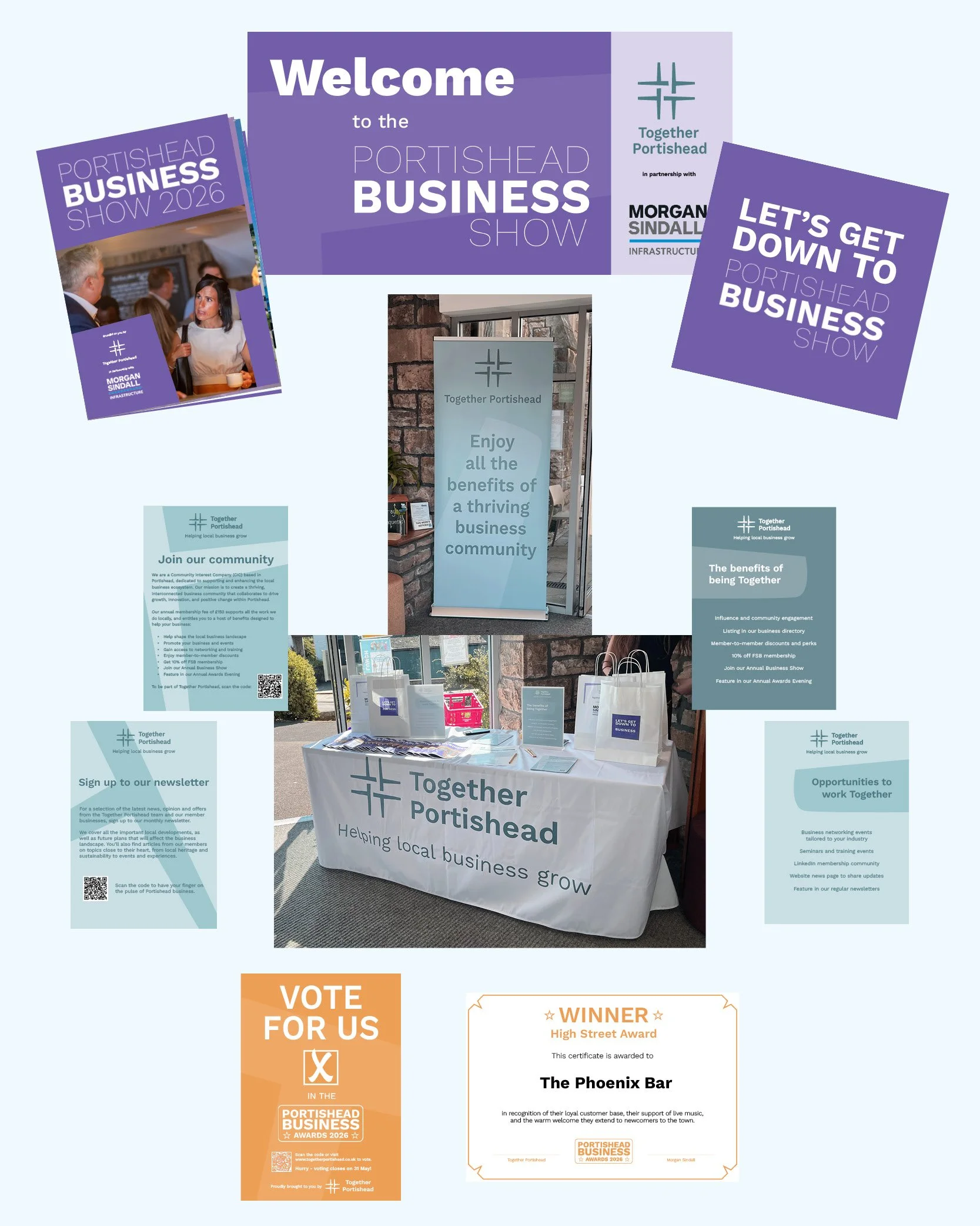 A collection of promotional materials and signage for the Portishead Business Show 2026, including a brochure, flyers, banners, a table with branded items, and award certificates.