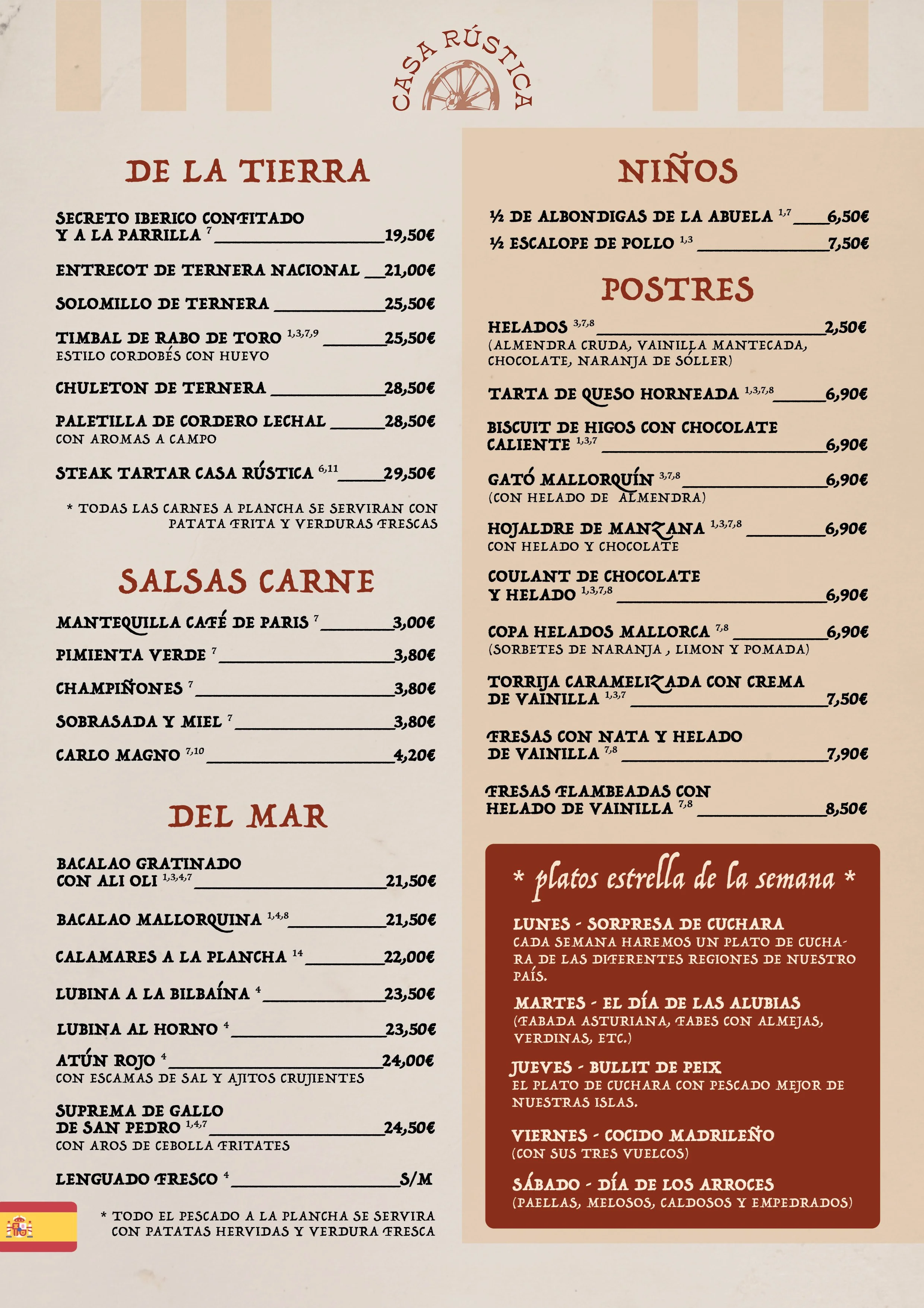 Menú de comida con secciones de carne, mariscos, niños y postres. Platos principales incluyen carnes y pescados, con opciones en diferentes precios. Secciones de salsas, postres y platos especiales de la semana. Precio en euros y un aviso en la parte inferior izquierda con bandera española.