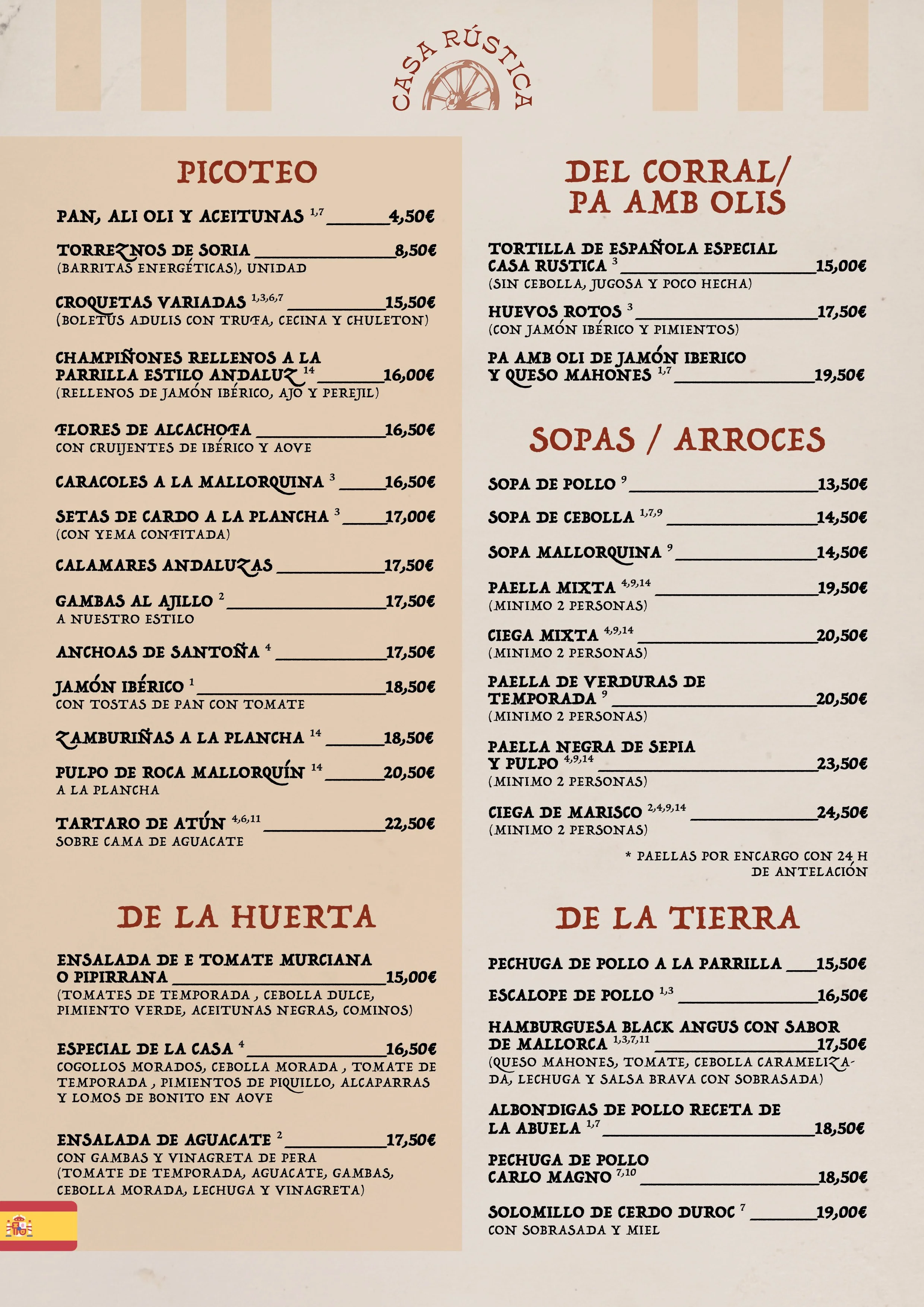 Menú de restaurante con secciones de picoteo, del corral y con olis, sopas y arroces, de la huerta, y de la tierra, que incluye platos como croquetas variadas, champiñones rellenos, huevos rotos, paella, ensalada de tomate y special de la casa.