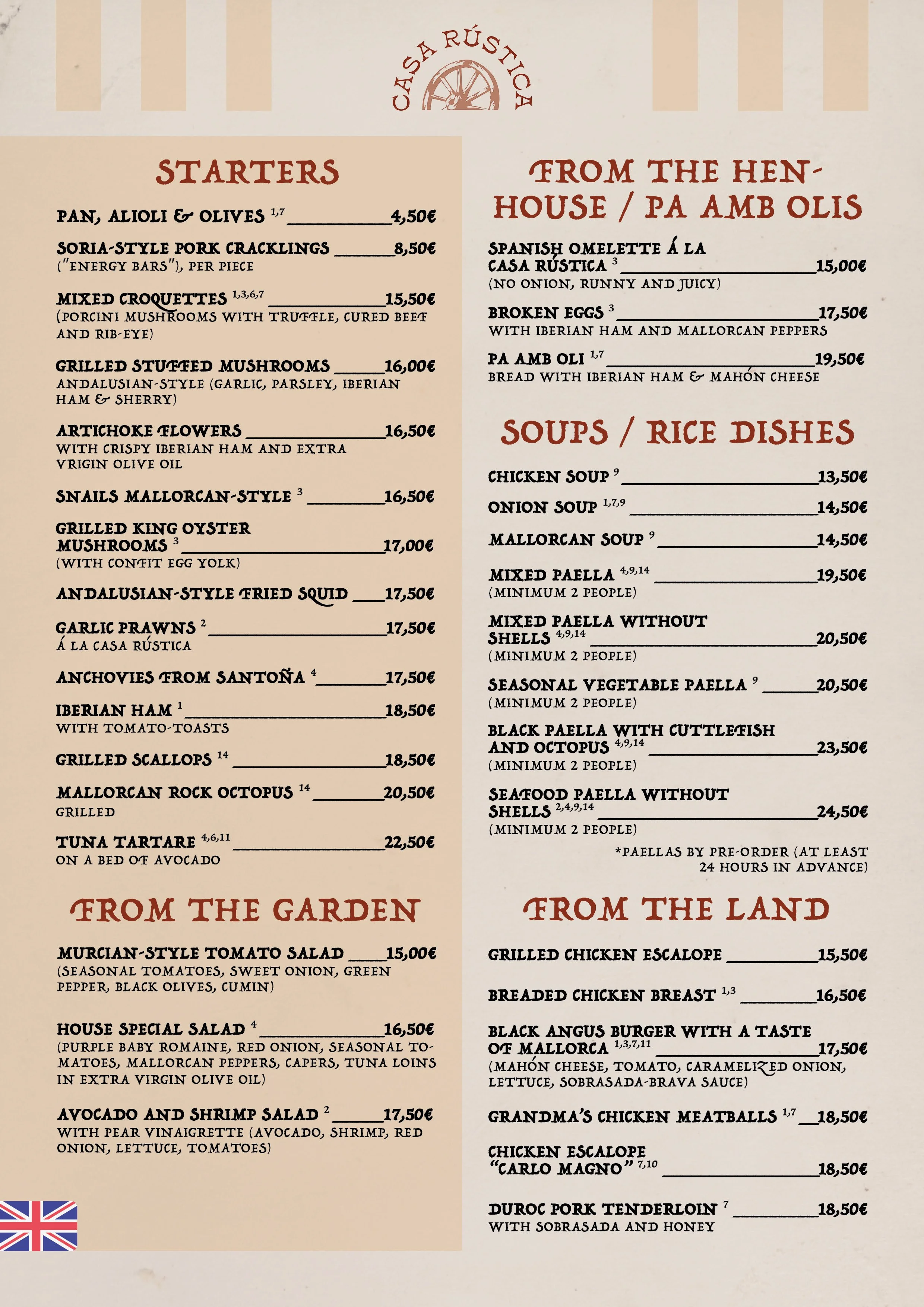 Menú de comida española y de la zona rural, con secciones de entrantes, platos principales, sopas y arroz, y opciones del campo. Incluye platos como huevos rotos, calamares, paella, pollo a la parrilla, y ensaladas.