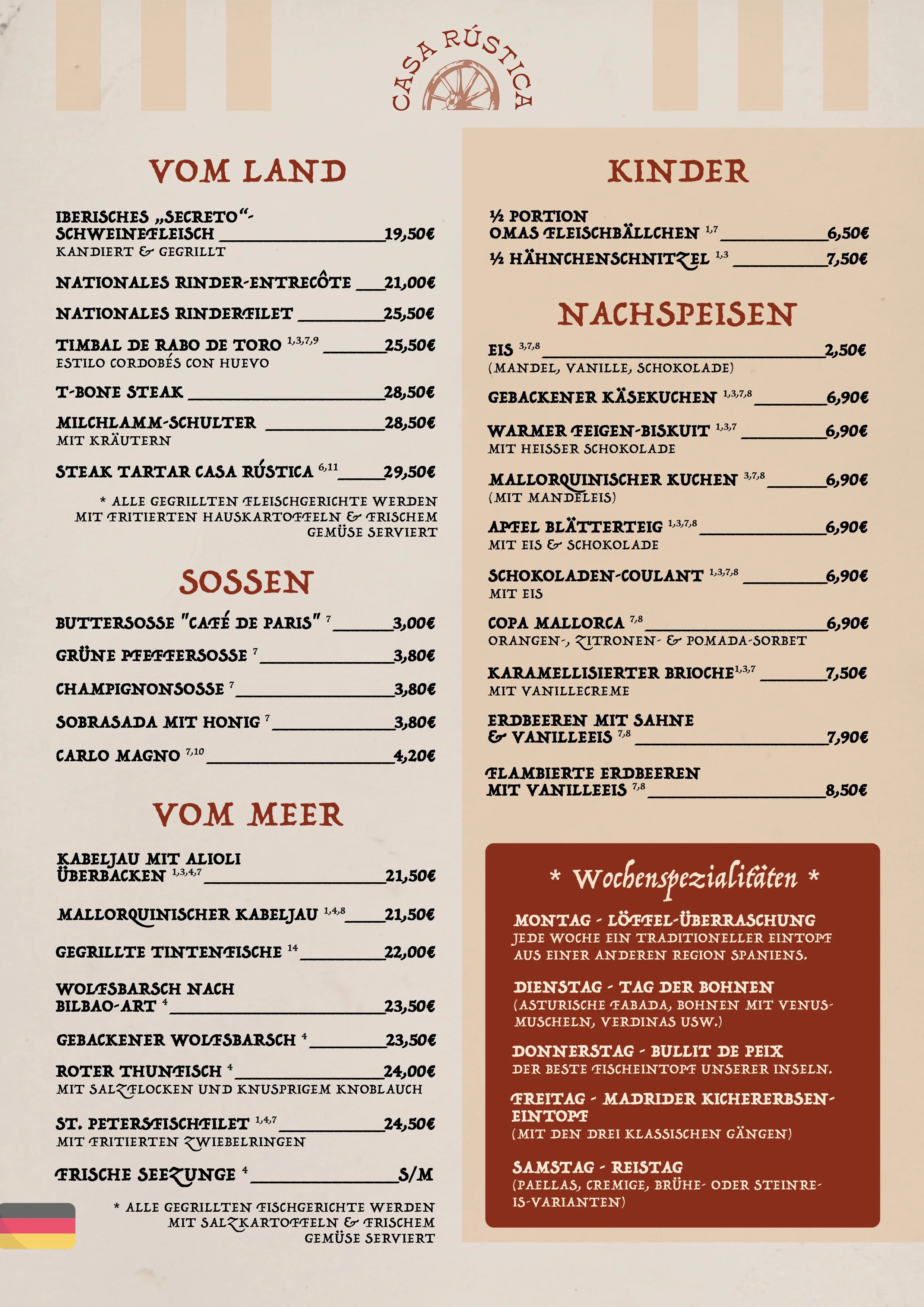 Menú de comida en alemán con secciones de carnes, postres y mariscos, también incluyendo especialidades semanales con íconos y precios