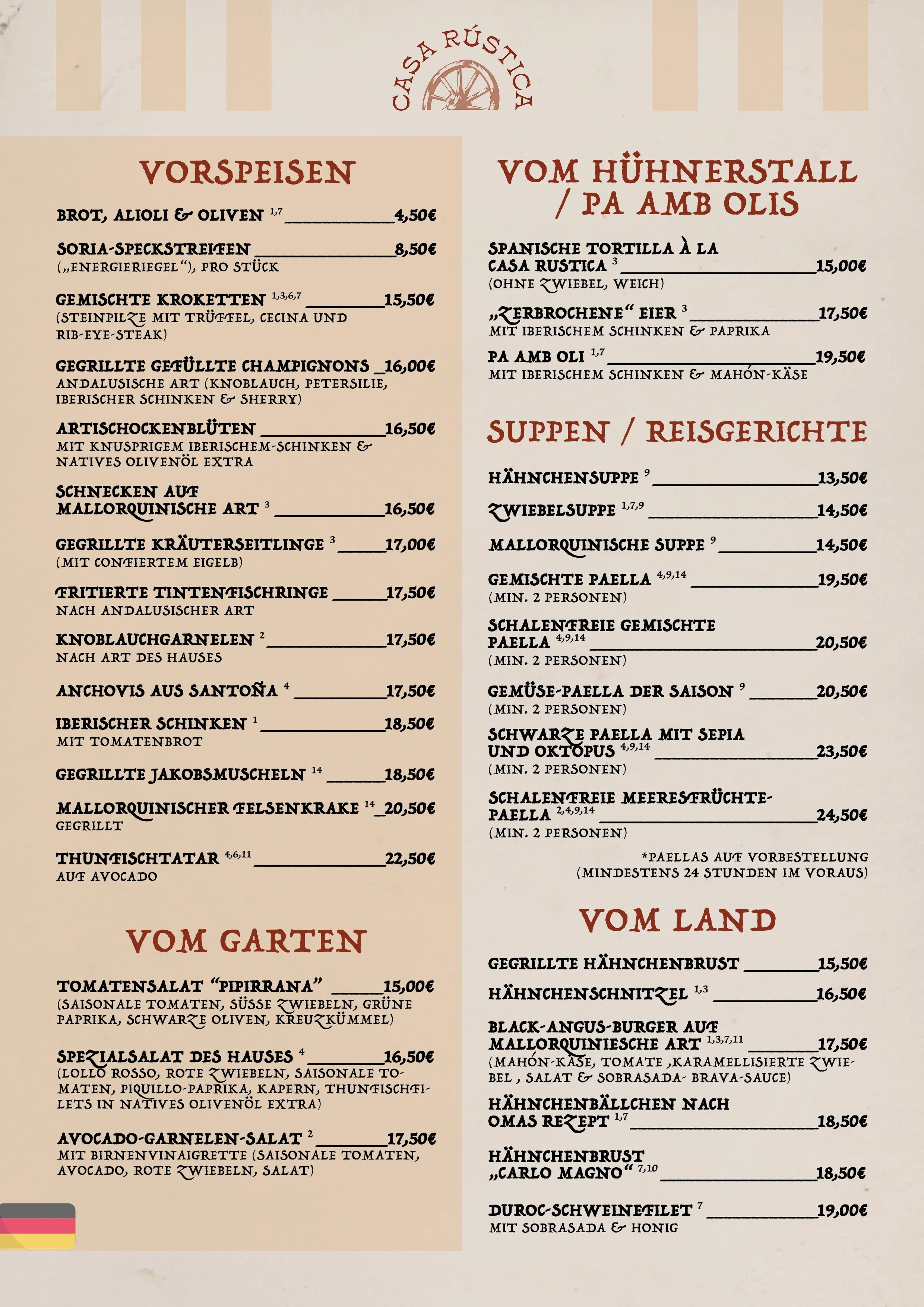 Menú de un restaurante con secciones de entrantes, platos principales y sopas, en español y alemán, con opciones de distintas preparaciones y precios.