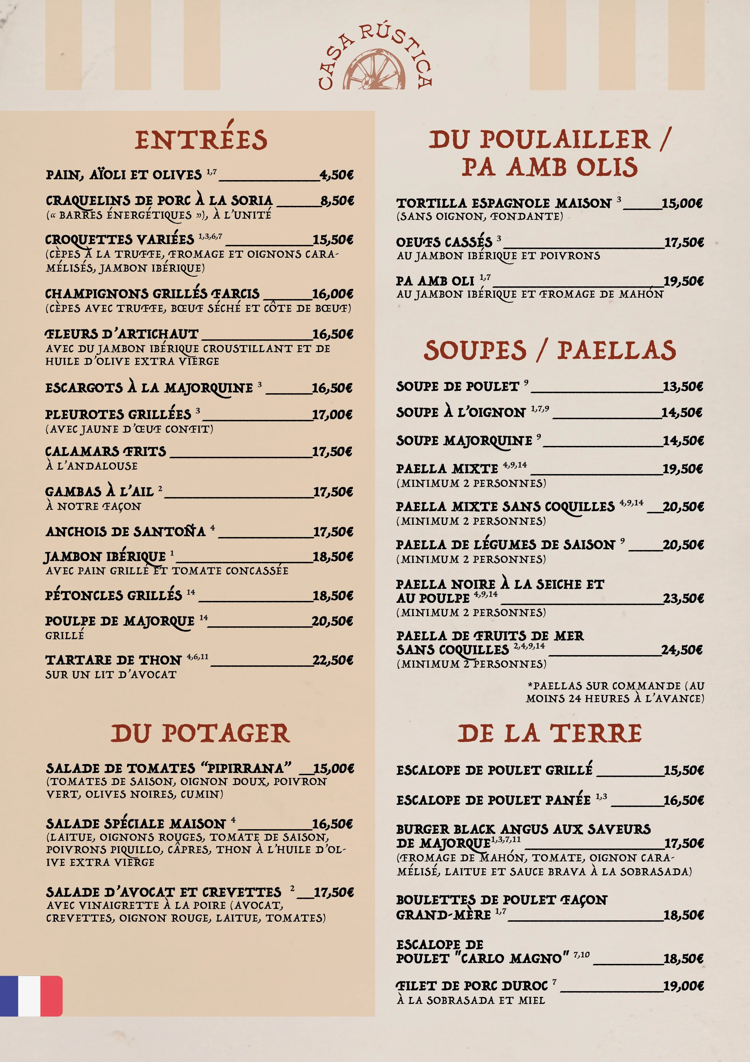 Menú de restaurante con secciones de entrantes, platos principales, sopas y paellas, y platos de la tierra. Incluye opciones de tapas, mariscos, carnes, ensaladas, y platos de pollo, junto con precios en euros.