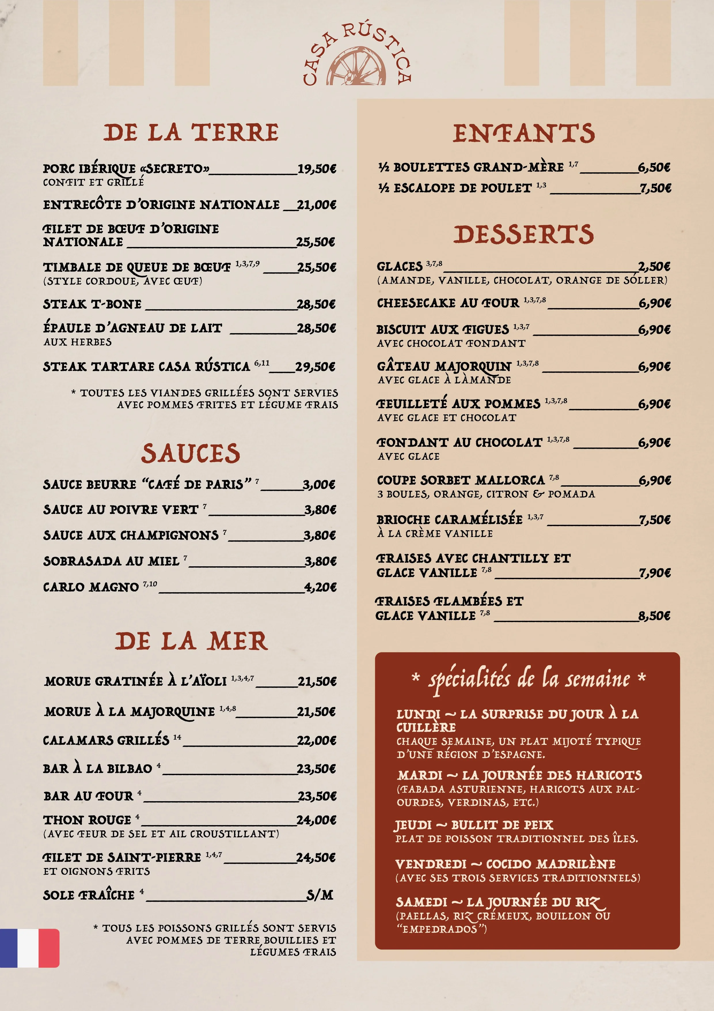 Menú de restaurante con secciones de la tierra, mar, niños y postres. Incluye platos como filete de beef, steak T-bone, emparedado de cordero, calamares, y diversas opciones de postres y helados.