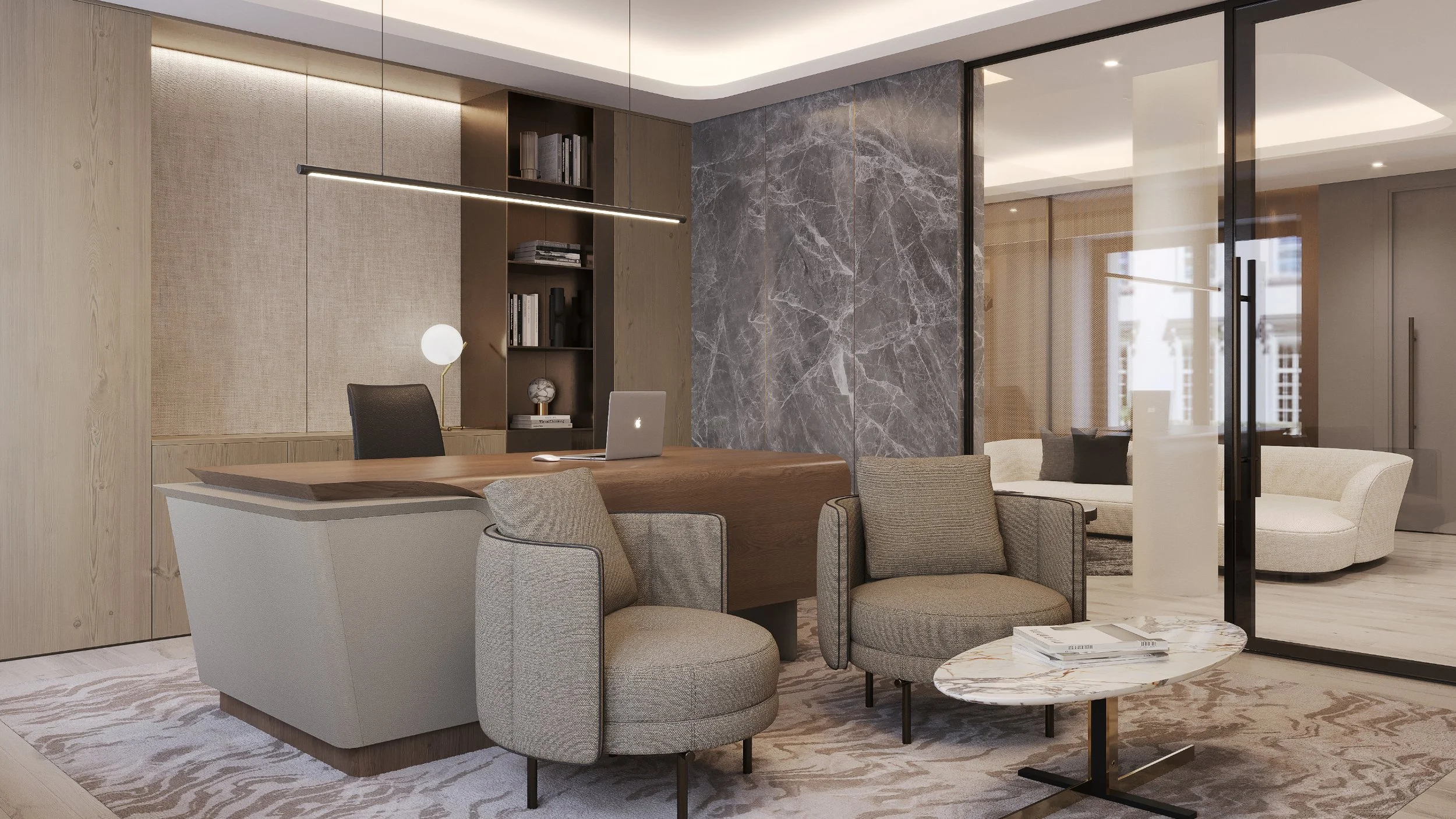 Executive office with bespoke joinery finished walls and sculptural desk.