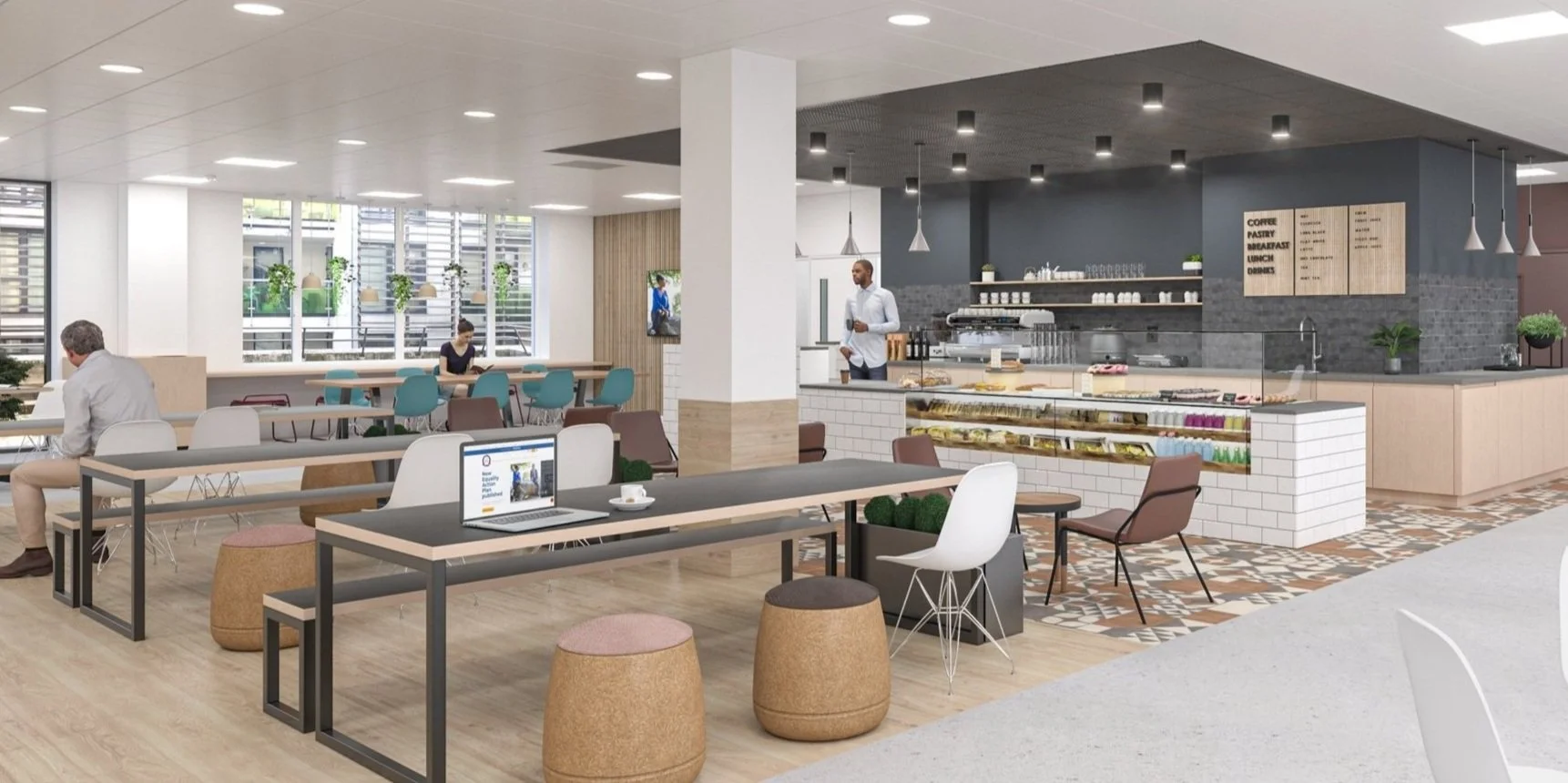 In-house café with informal bench seating, catered servery, and family table.