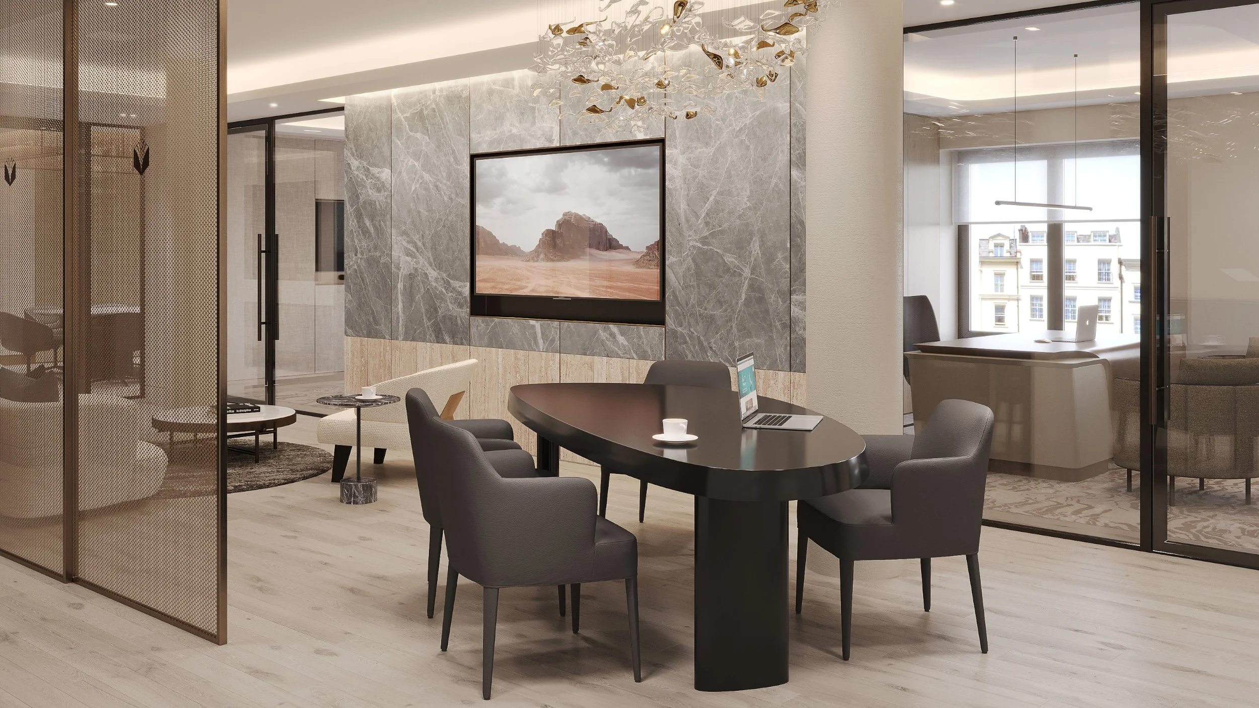 Central client work lounge with AV display and executive glazed offices.