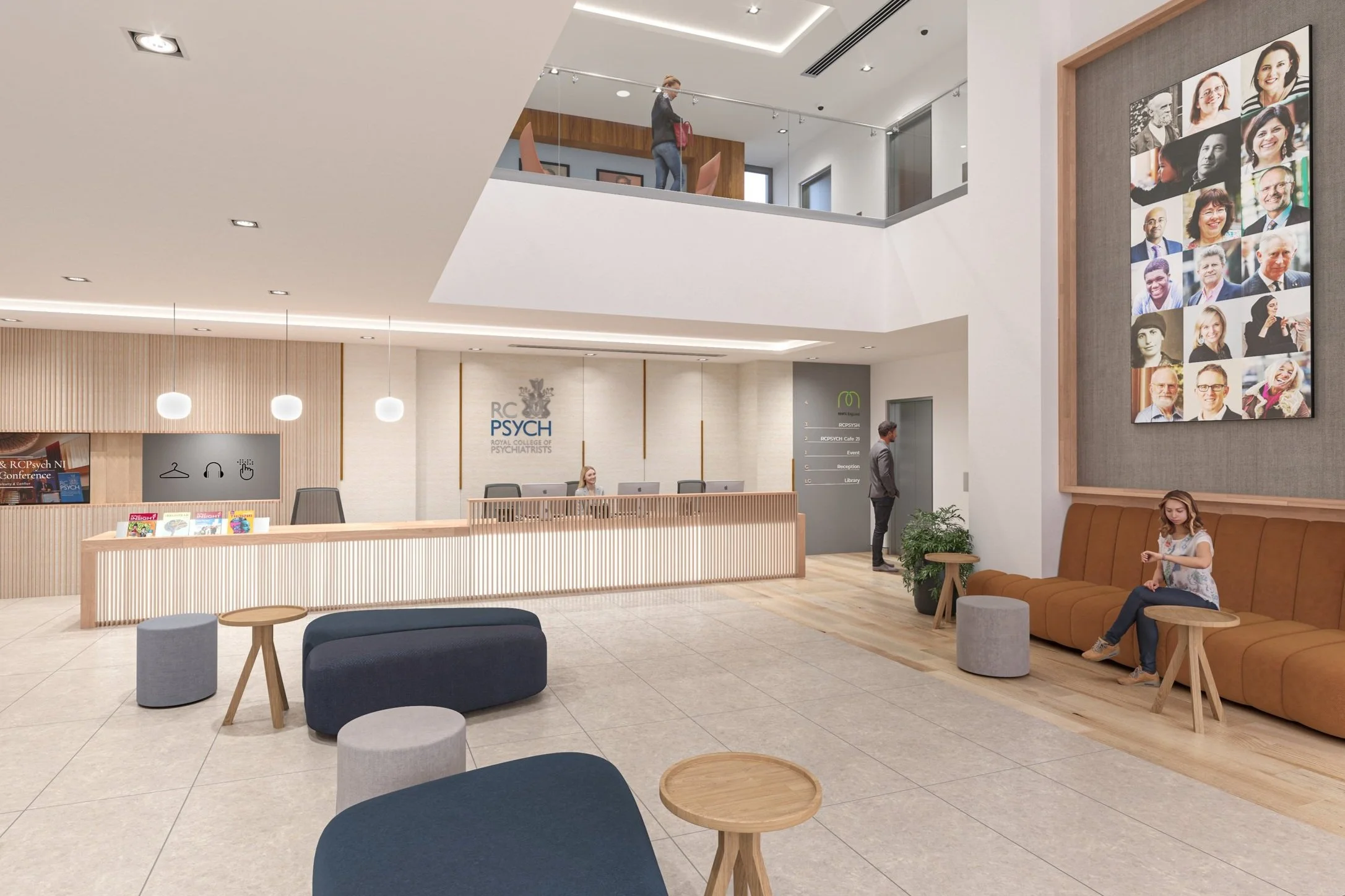 Contemporary waiting area at the Royal College of Psychiatrists with upscale reception desk, fitted seating, and video wall.