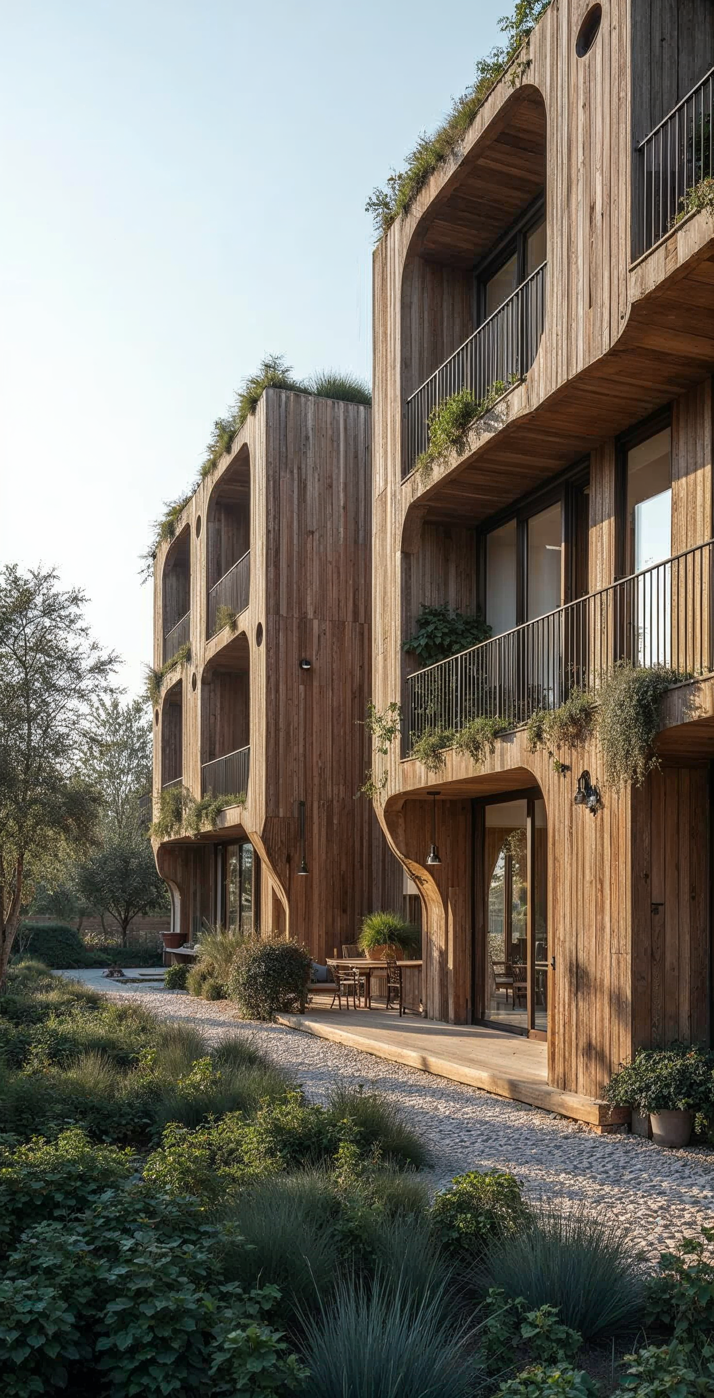 A modern multi-story building with a wooden exterior, curved arches, and balconies with black railings, surrounded by greenery and trees.