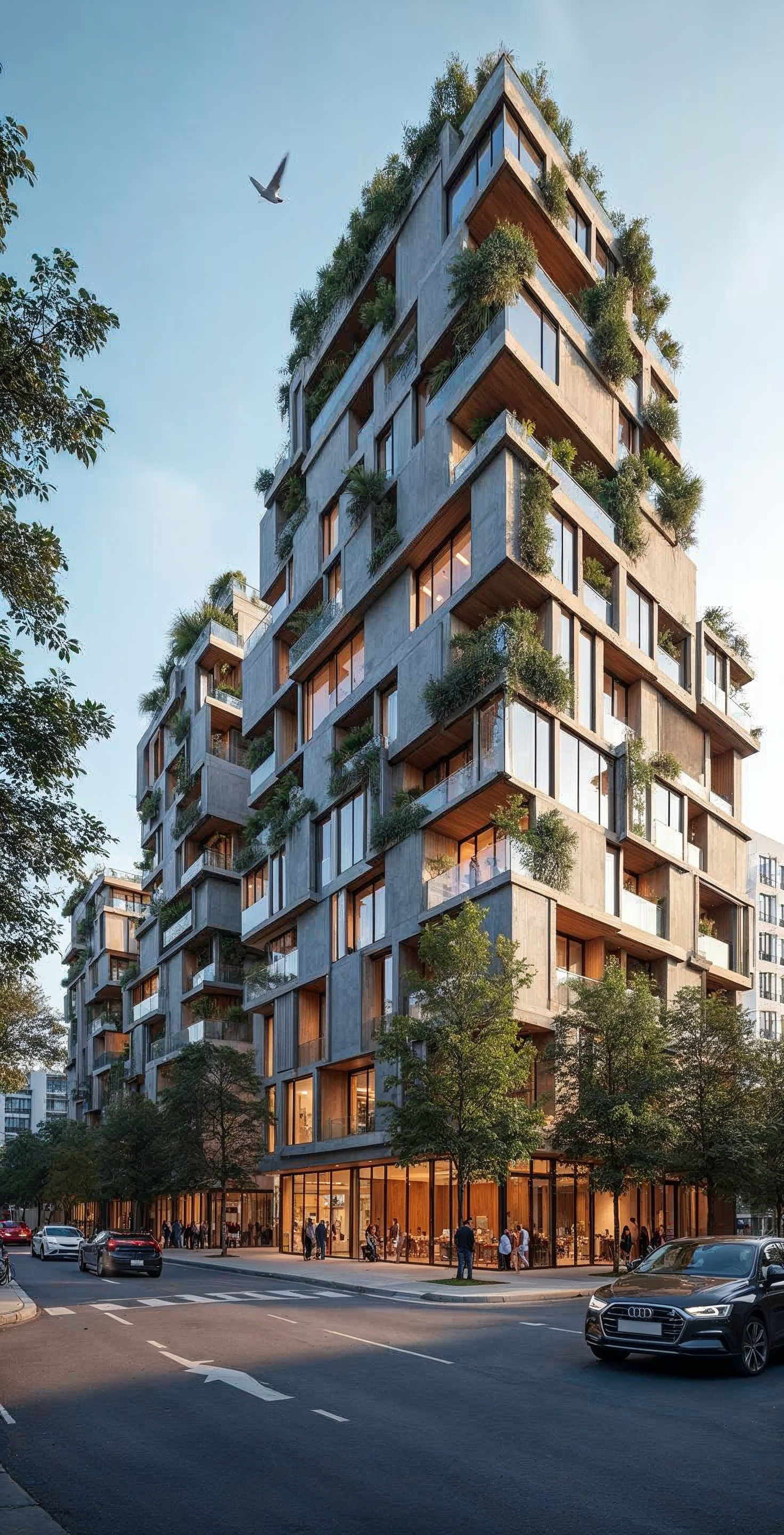 Modern multi-story apartment building with concrete and wood design, balconies with greenery, and large windows, located in an urban setting with trees and cars on the street.