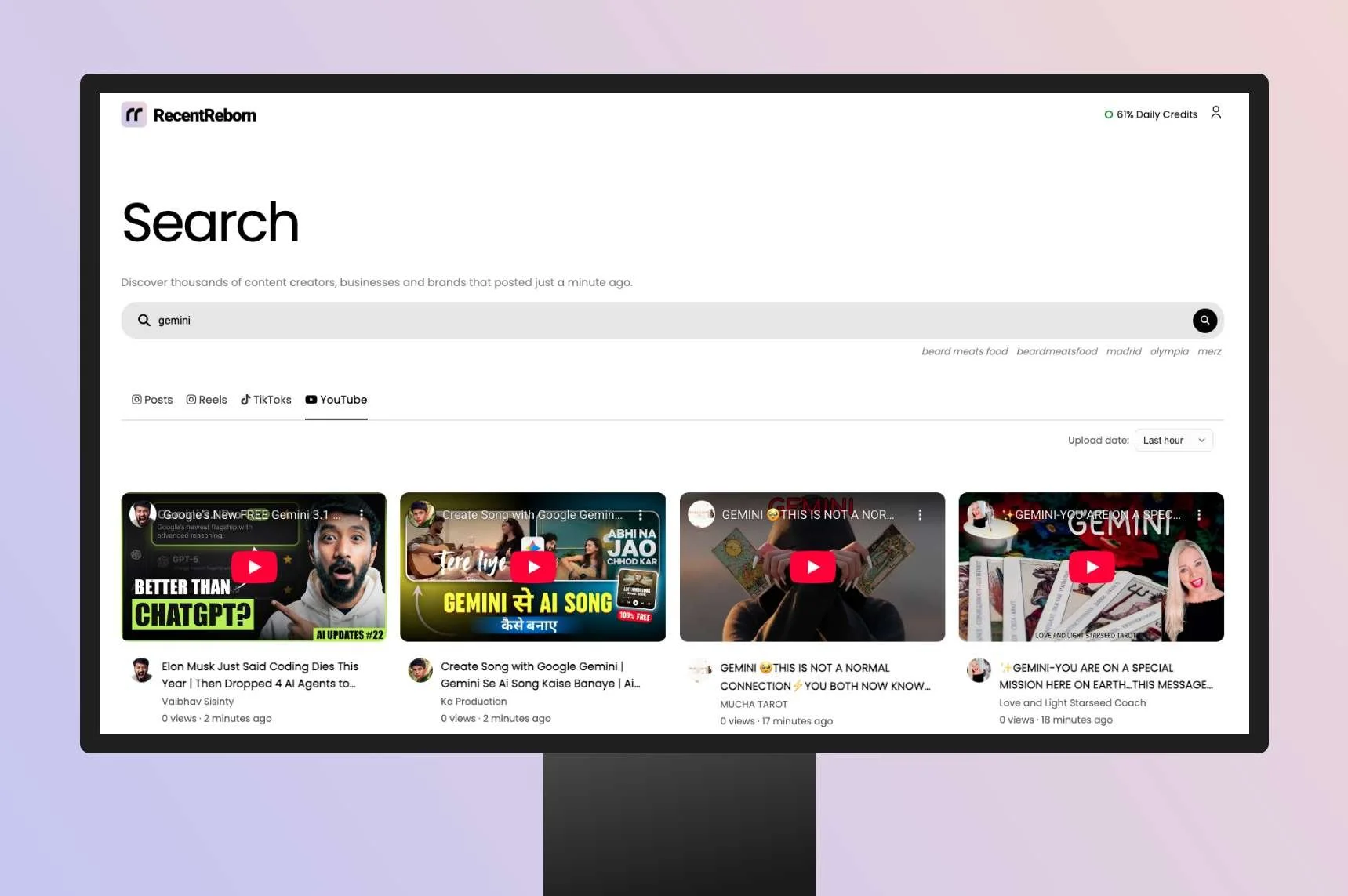 Screenshot of RecentReborn’s Youtube search