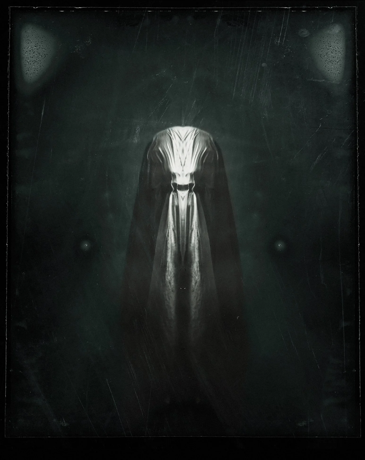 Dark, abstract artwork featuring a symmetrical, bird-like figure with a metallic, alien appearance in the center, surrounded by a dark, textured background.
