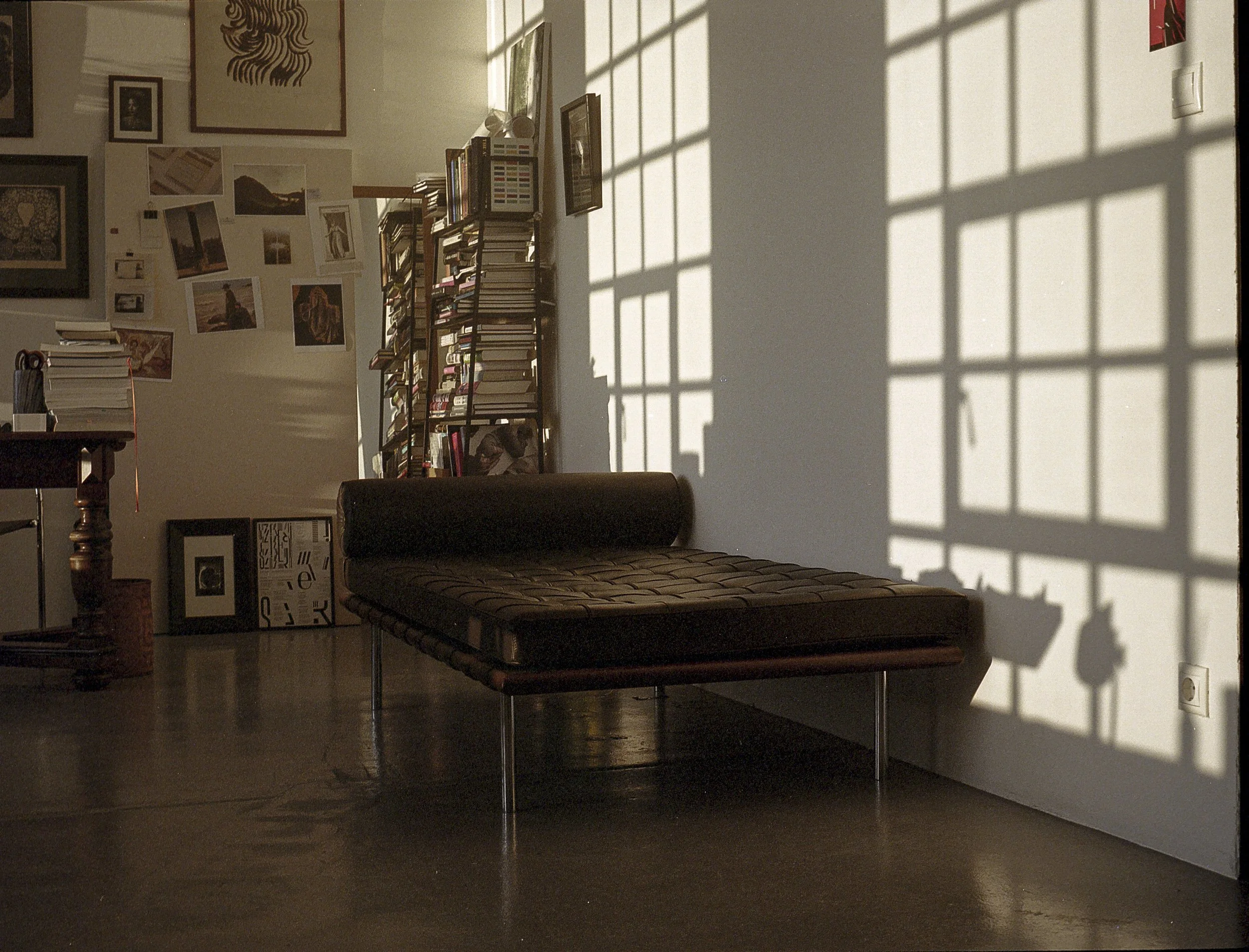Living room with a black leather bench and multiple bookshelves casting shadows on the wall from sunlight.