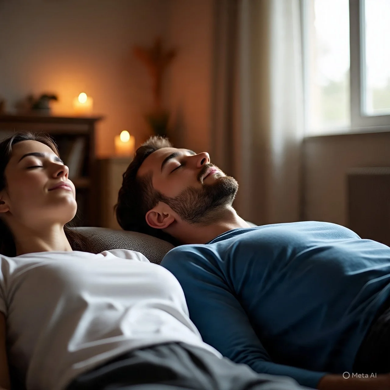 A man and woman relaxing and meditating with eyes closed on a couch in a dimly lit room with candles