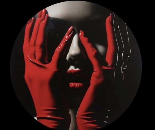 A person with pale skin, wearing red gloves, covers part of their face with their hands, against a black background.