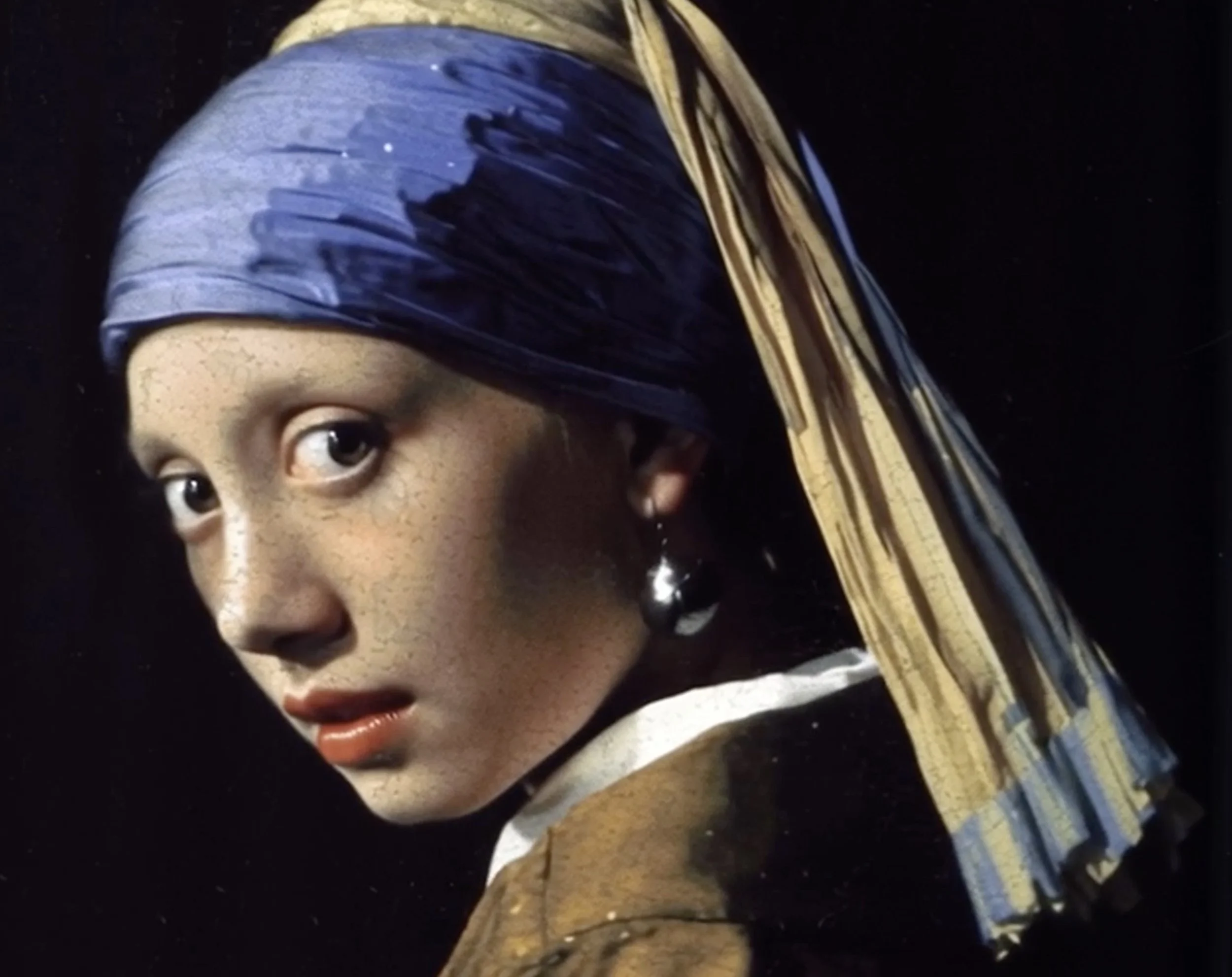 Close-up of a woman with a blue and yellow headscarf, wearing pearl earrings, featuring a serious expression against a black background.