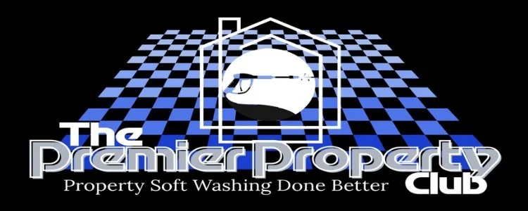 Logo for The Premier Property Club with a stylized washing machine illustration over a blue and black checkered background, including the text 'The Premier Property Club' and the slogan 'Property Soft Washing Done Better.'