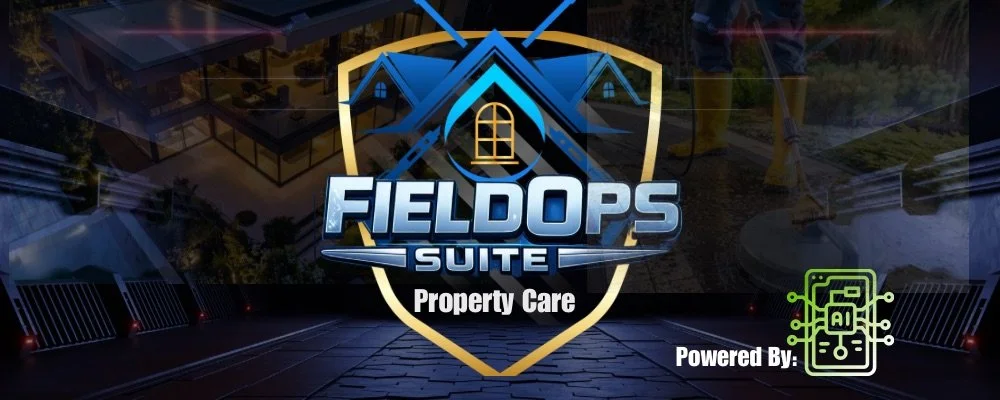 Logo for FieldOps Suite Property Care with a house icon and shield, background shows construction or maintenance workers, power lines, and solar panels, with a digital circuit design.