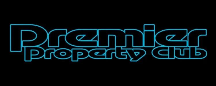 Stylized text reading 'Premier Property Club' in blue outline letters on a black background.