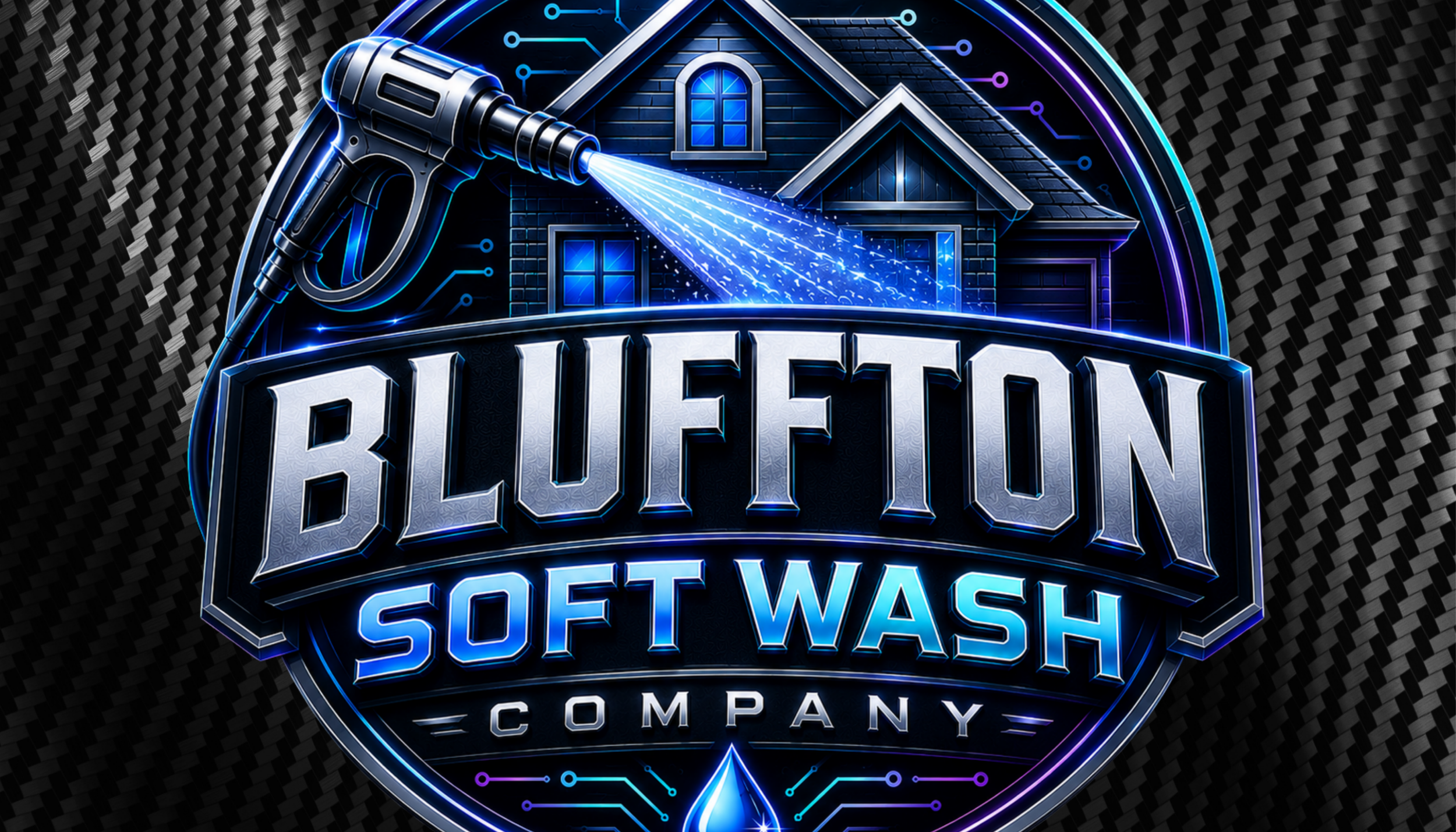 A neon digital illustration with a robotic spray gun spraying water on a house, emphasizing cleaning or washing. The text on the image reads 'Bluefin Soft Wash Company'.