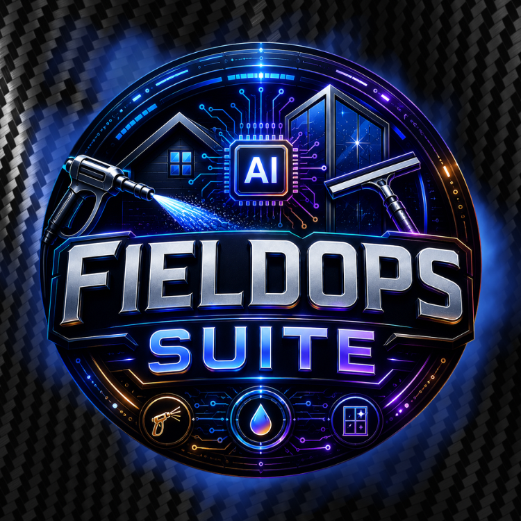 Futuristic digital graphic featuring the words 'Fieldops Suite' with icons of a spray gun, water droplet, and window, surrounding a central AI chip, set against a dark carbon fiber background.