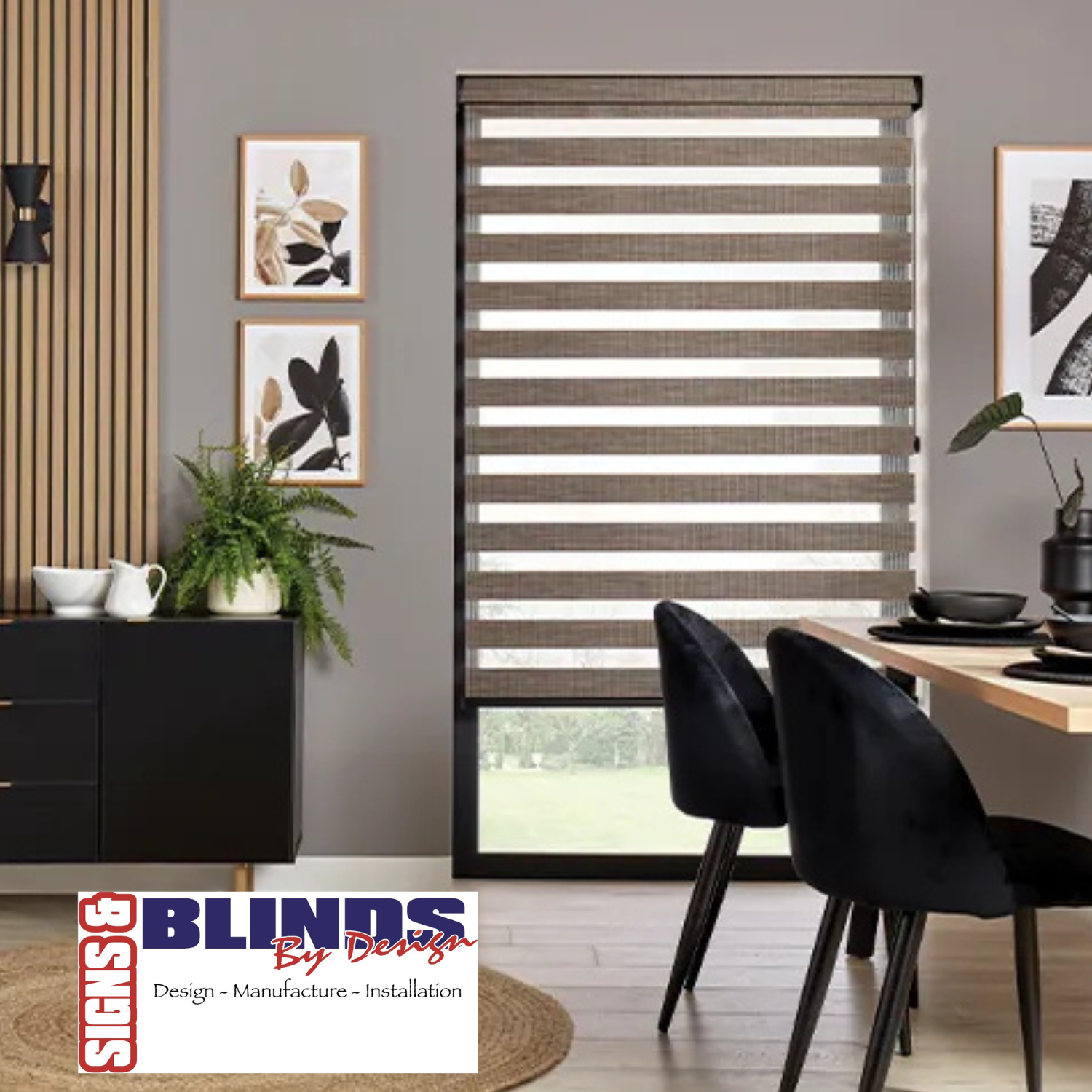 Living room with a large bay window fitted with white plantation shutters. Meet Signs and Blinds by Design based in Kendal, at the Home Interiors & Renovation Exhibition, 20-21 March 2026.   #hirecumbria