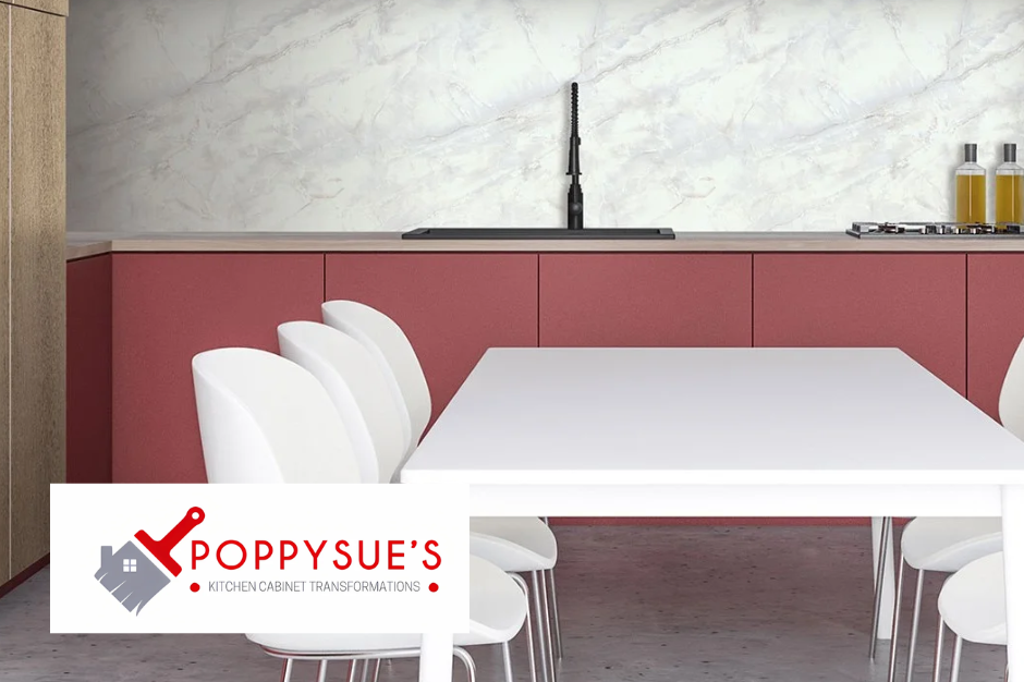 A modern kitchen with pink cabinets, white countertop, black sink faucet. White chairs surround a white table.  PoppySue's Kitchen Cabinet Transformations - Door wrapping service to update and refresh your kitchen cabinets. 