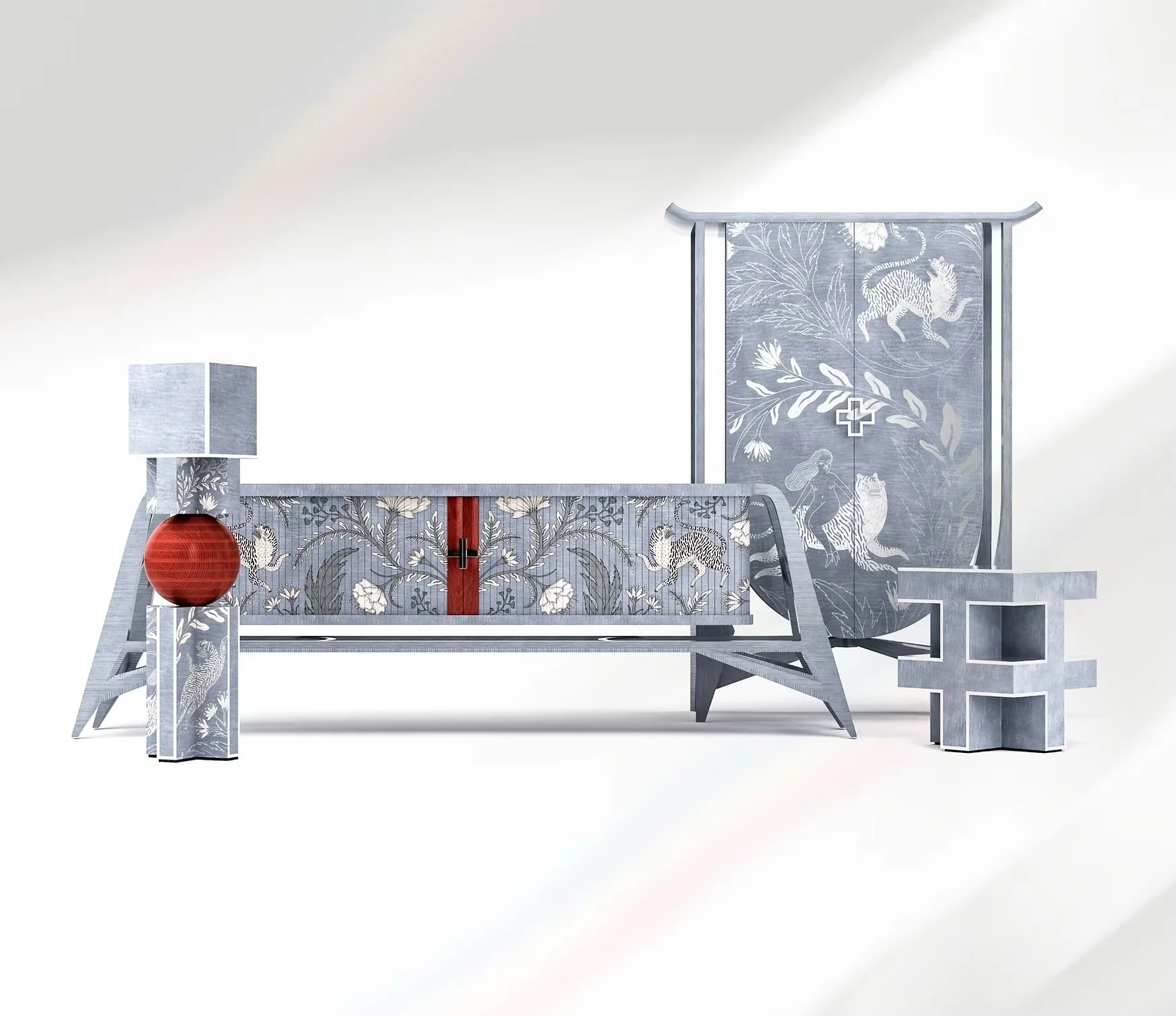 A decorative modern furniture set with a blue and white botanical pattern, includes a sofa, a cabinet, a side table, and a lamp with a red base and a light blue shade, all featuring artwork of tigers and tropical leaves.