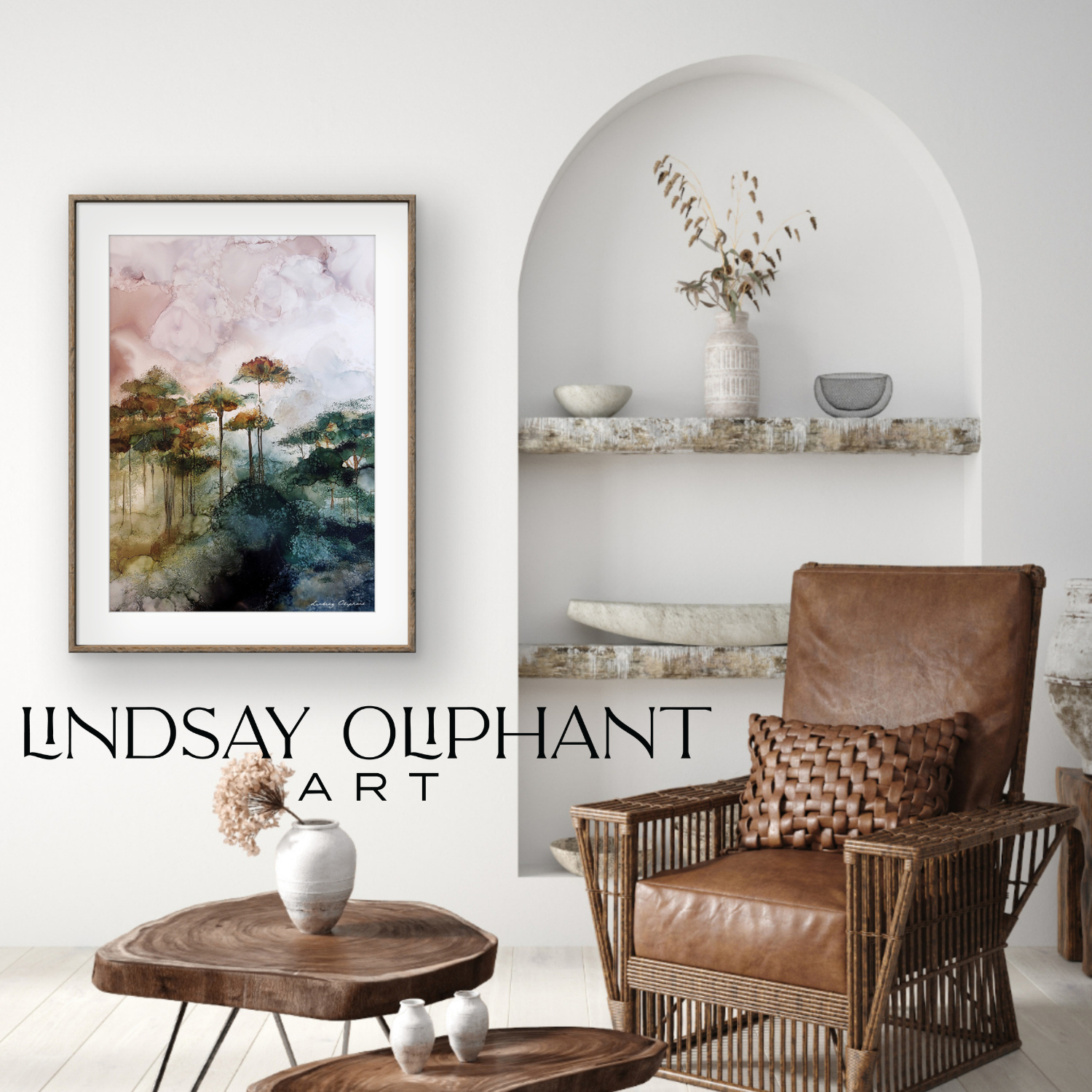 Living room with a framed original artwork by Kendal based artist, Lindsay Oliphant.  A wooden armchair with a woven pillow, a round wooden coffee table with vases, and open shelves with decorative bowls and a vase with dried branches.