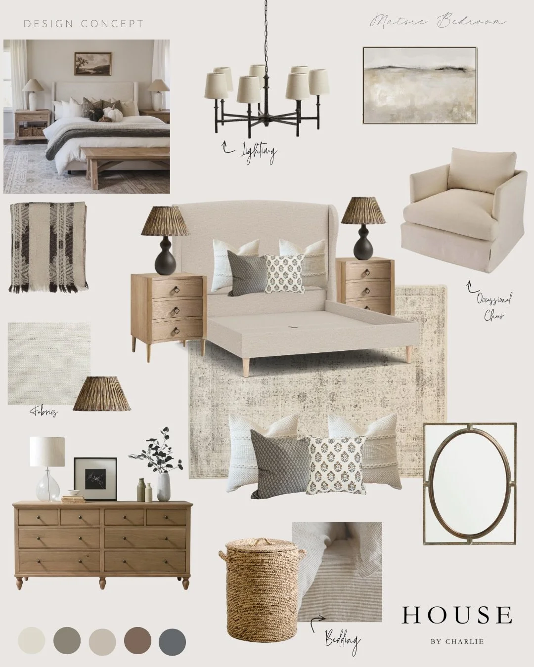 Sharing a recent client&rsquo;s master bedroom design &mdash; such a lovely, big open space with a high pitched ceiling, which lent itself perfectly to this beautiful oversized upholstered headboard from @darlingsofchelsea and the stunning large ceil