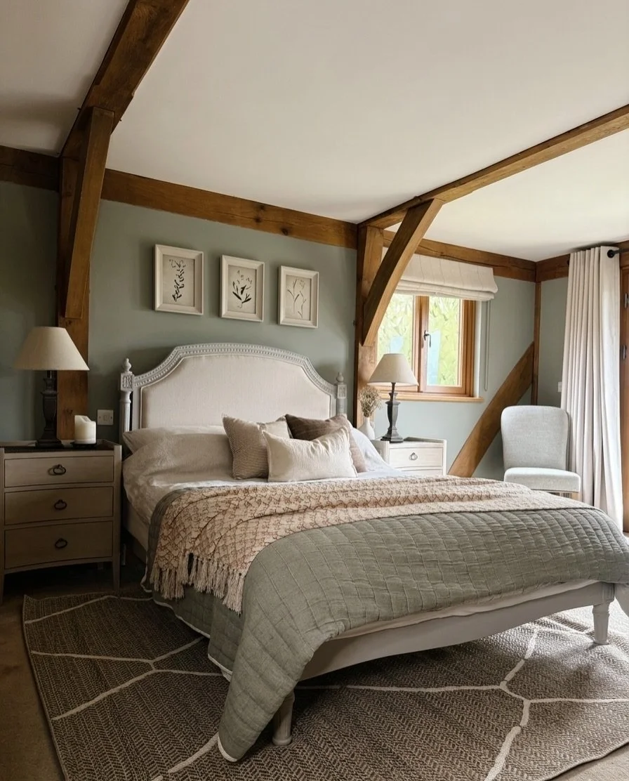 A serene and calming guest bedroom layered in soft greens and warm neutrals, designed to feel welcoming, restful and inviting for any guest coming to stay. A quiet space to unwind, relax and feel completely at home. 🤍

Designed for @clairegarnerdesi