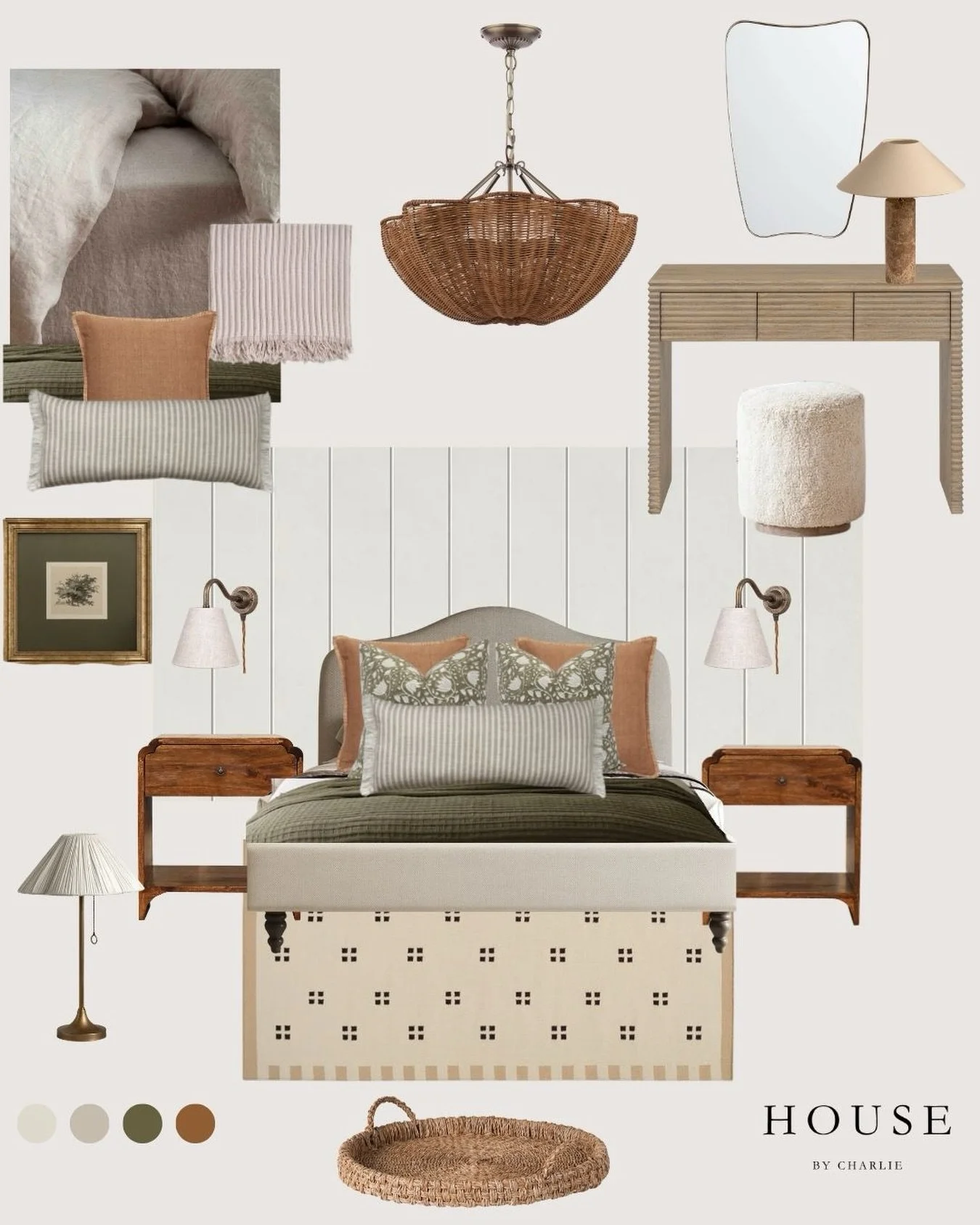 A calm and considered guest bedroom designed for one of my lovely clients 🤍 We layered soft greens and warm rust tones against a neutral backdrop, adding tongue &amp; groove panelling to create subtle texture and interest. Finished with beautiful wa