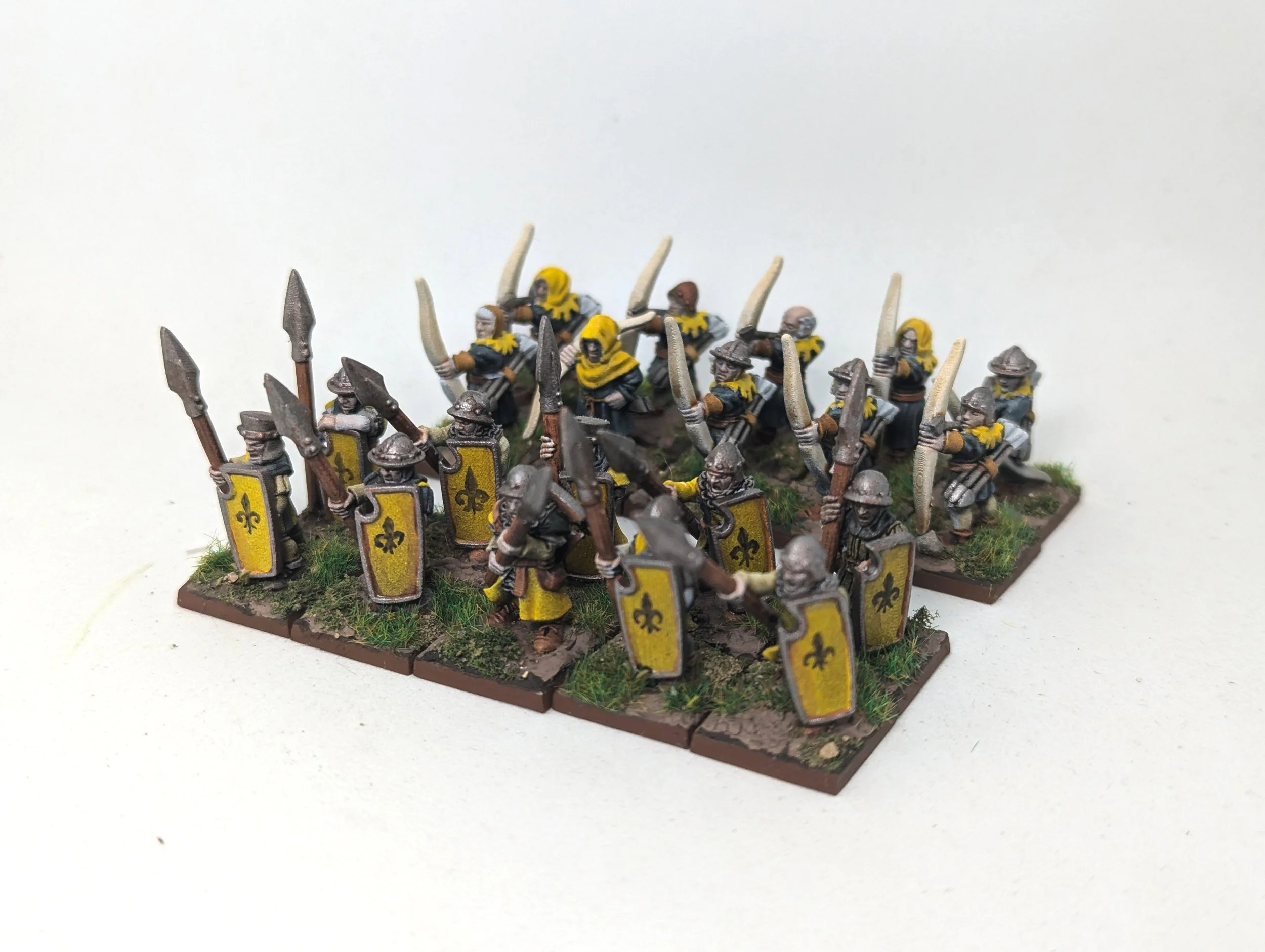 Miniature medieval soldiers with shields and weapons, arranged in formation on textured bases with grass detail.