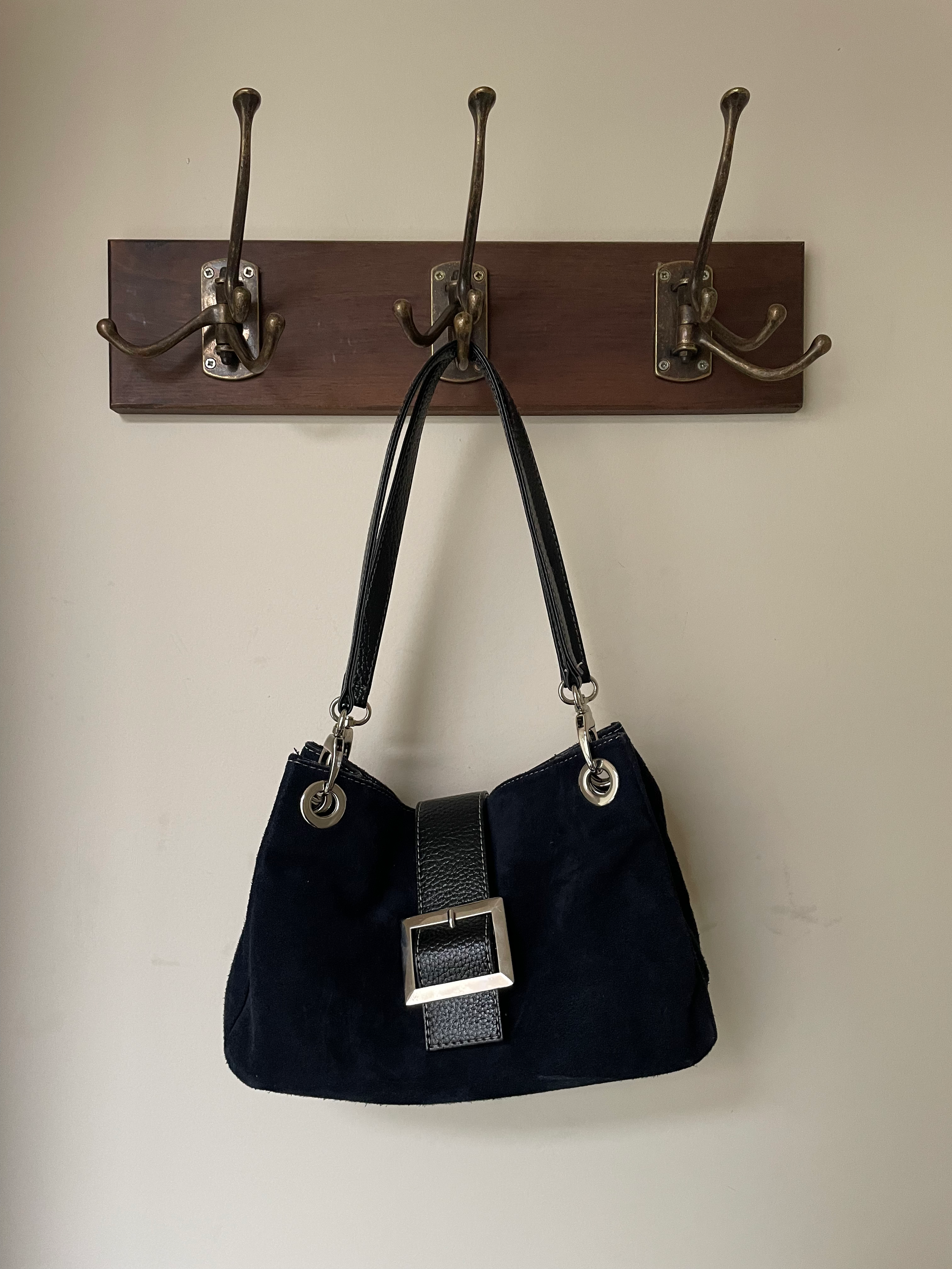 Vintage Suede & Leather Shoulder Bag – Navy & Silver